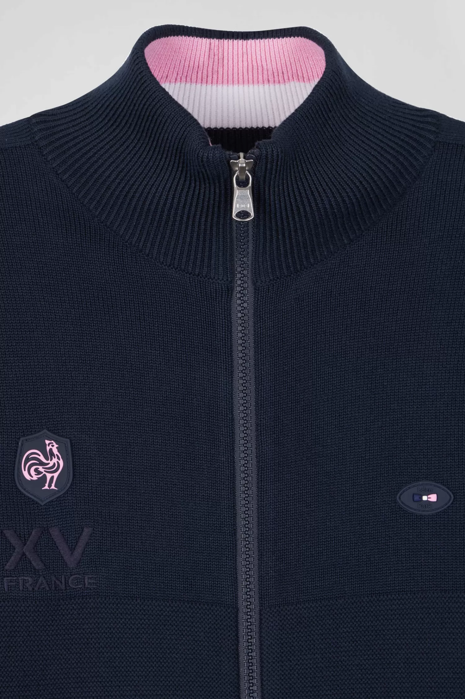 Eden Park Regular navy blue cotton zipped cardigan with XV de France rubber badge and tricolour details< Cardigans