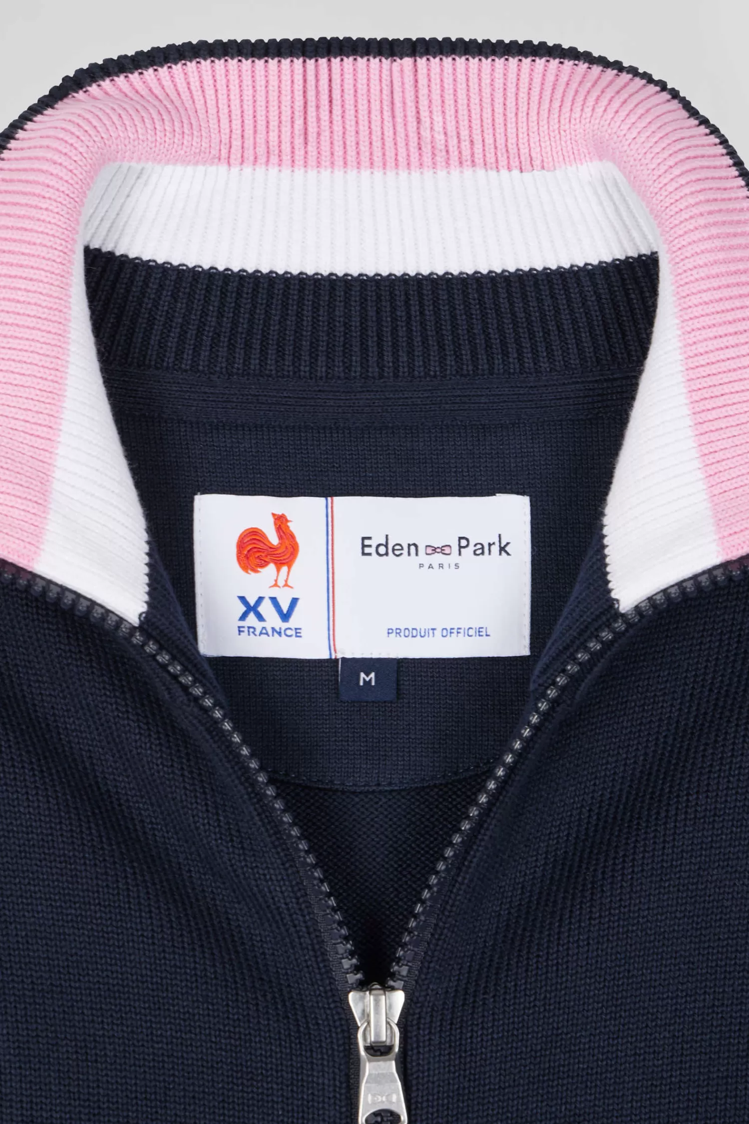 Eden Park Regular navy blue cotton zipped cardigan with XV de France rubber badge and tricolour details< Cardigans