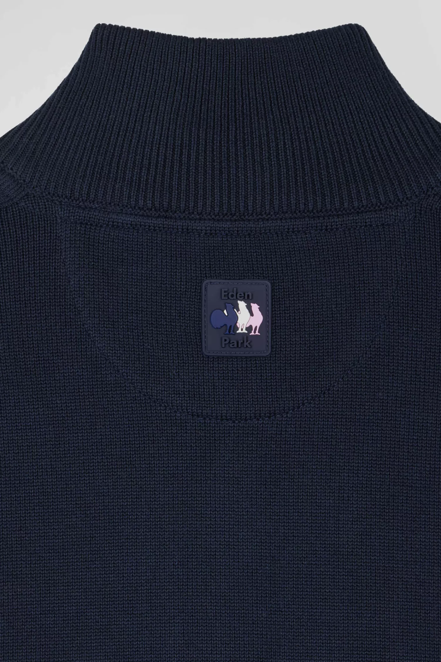 Eden Park Regular navy blue cotton zipped cardigan with XV de France rubber badge and tricolour details< Cardigans