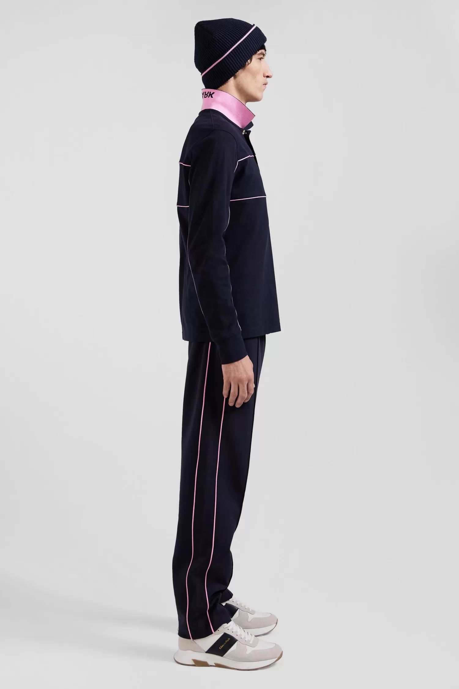 Eden Park Regular navy blue long-sleeved cotton piqué polo shirt with pink piping< Polos