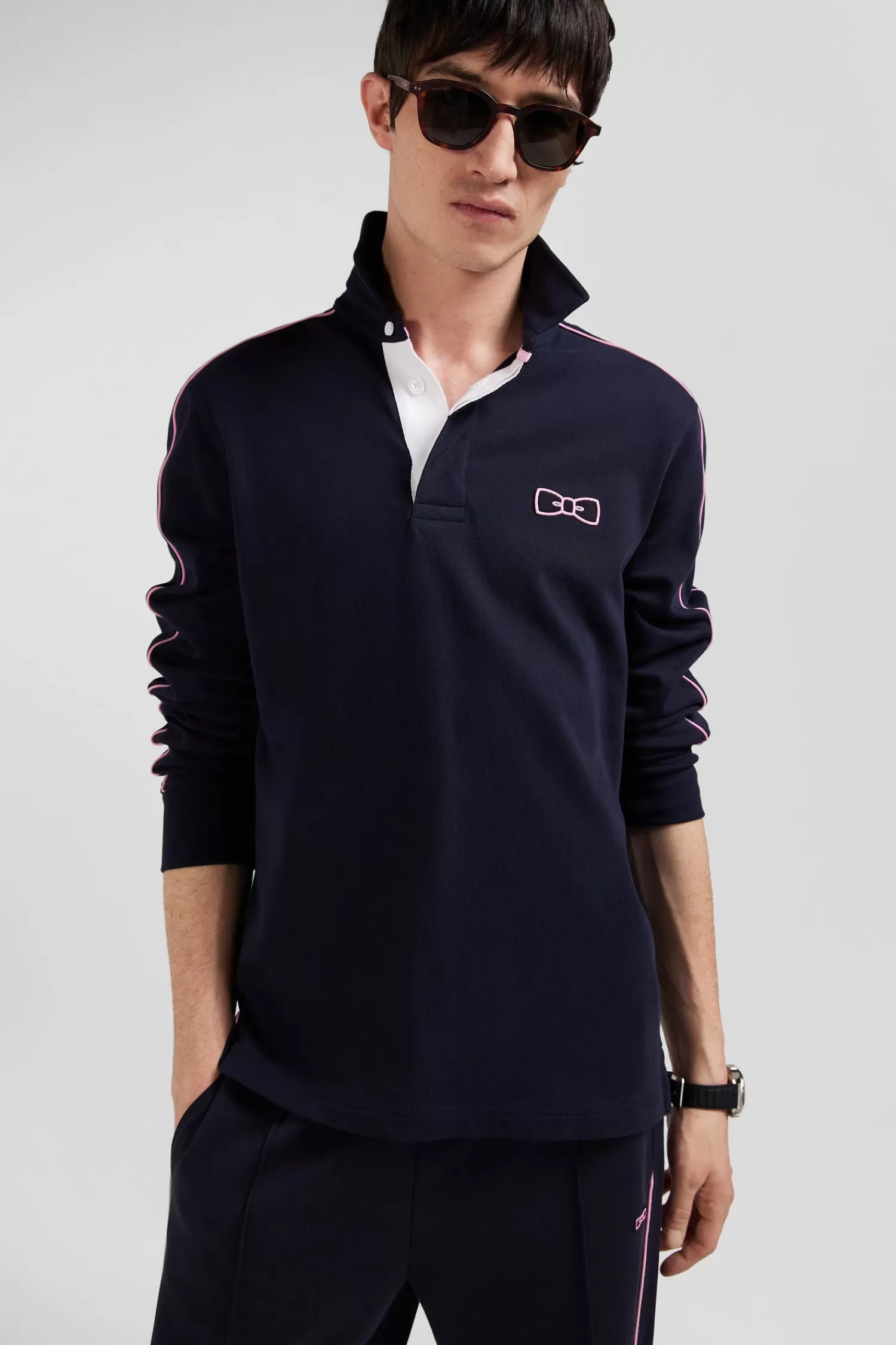 Eden Park Regular navy blue long-sleeved cotton rugby shirt with pink piping< Rugby Shirts