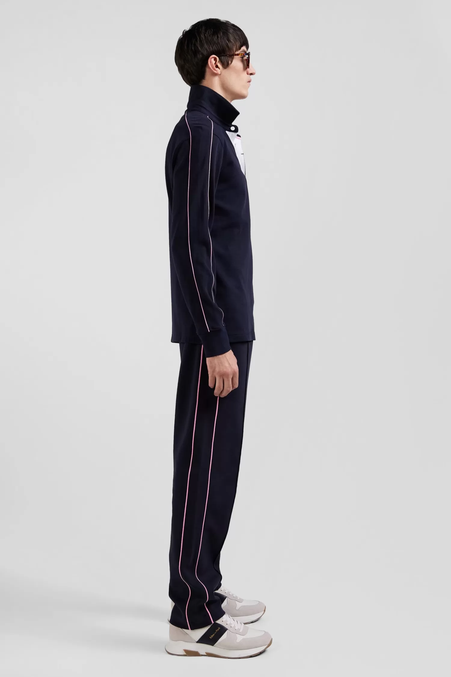 Eden Park Regular navy blue long-sleeved cotton rugby shirt with pink piping< Rugby Shirts