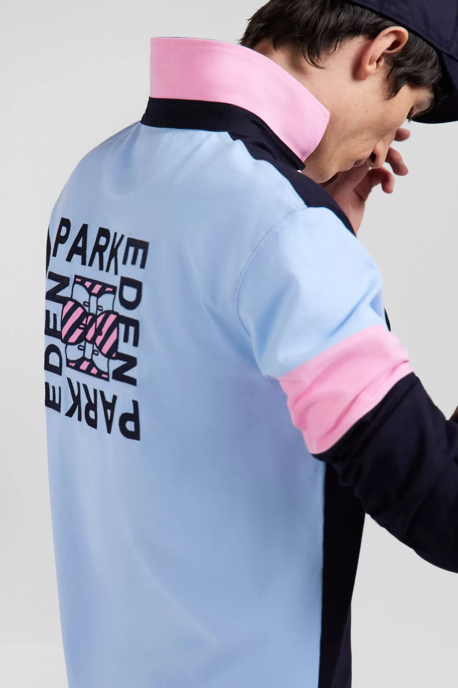 Eden Park Regular navy blue long-sleeved cotton rugby shirt with tie fabric patchwork< Rugby Shirts