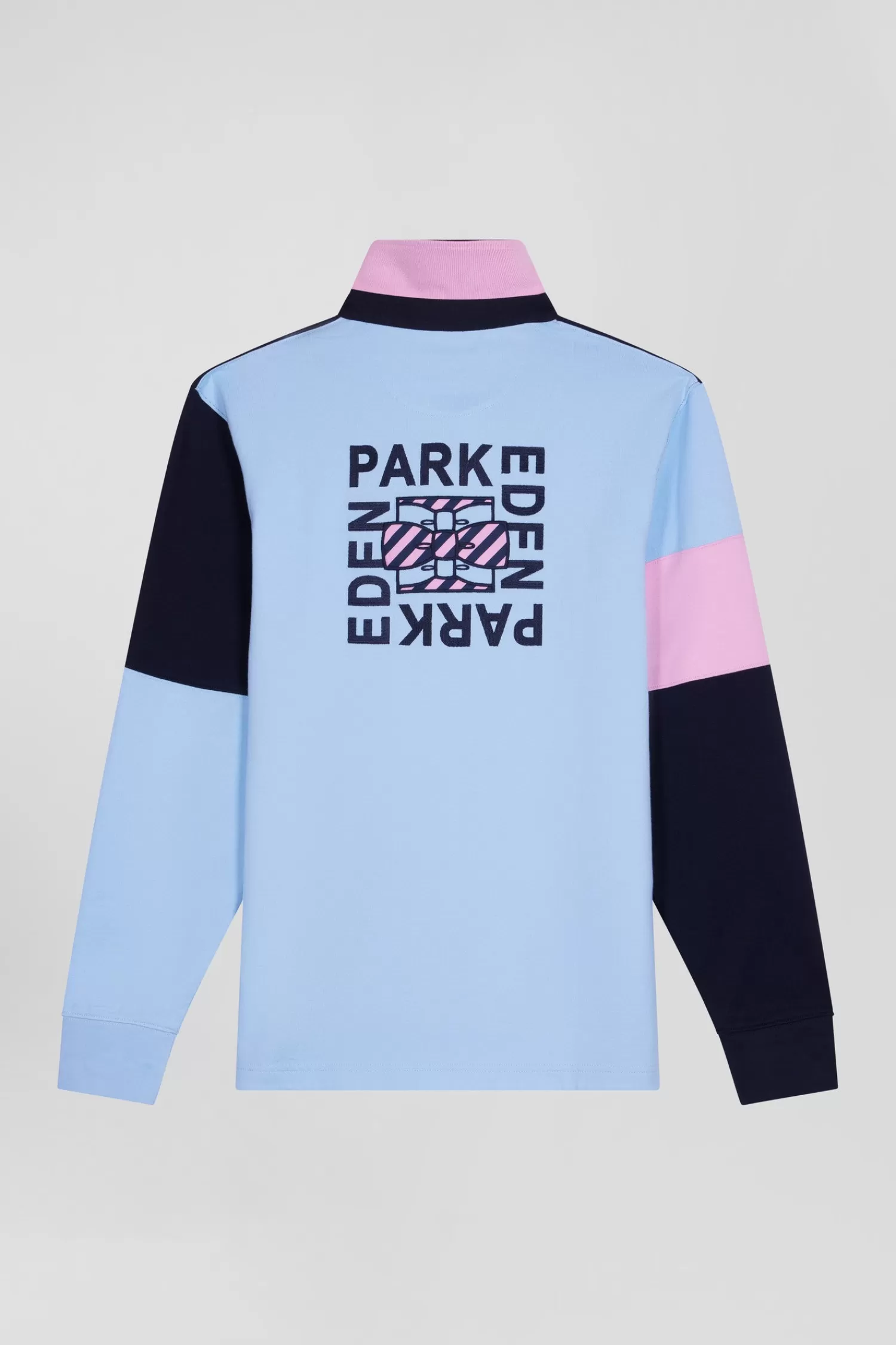 Eden Park Regular navy blue long-sleeved cotton rugby shirt with tie fabric patchwork< Rugby Shirts