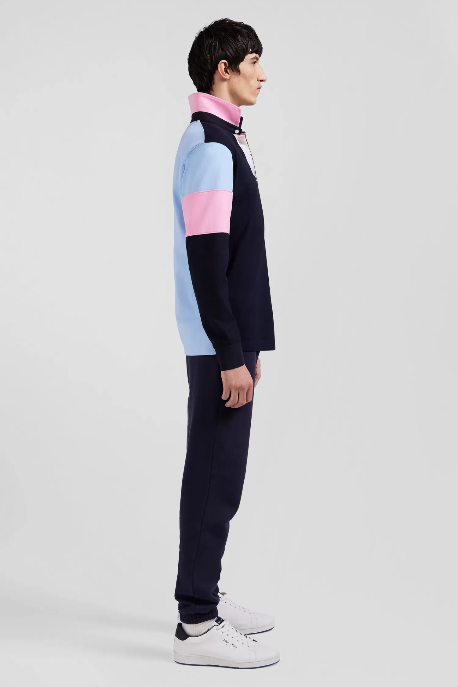 Eden Park Regular navy blue long-sleeved cotton rugby shirt with tie fabric patchwork< Rugby Shirts