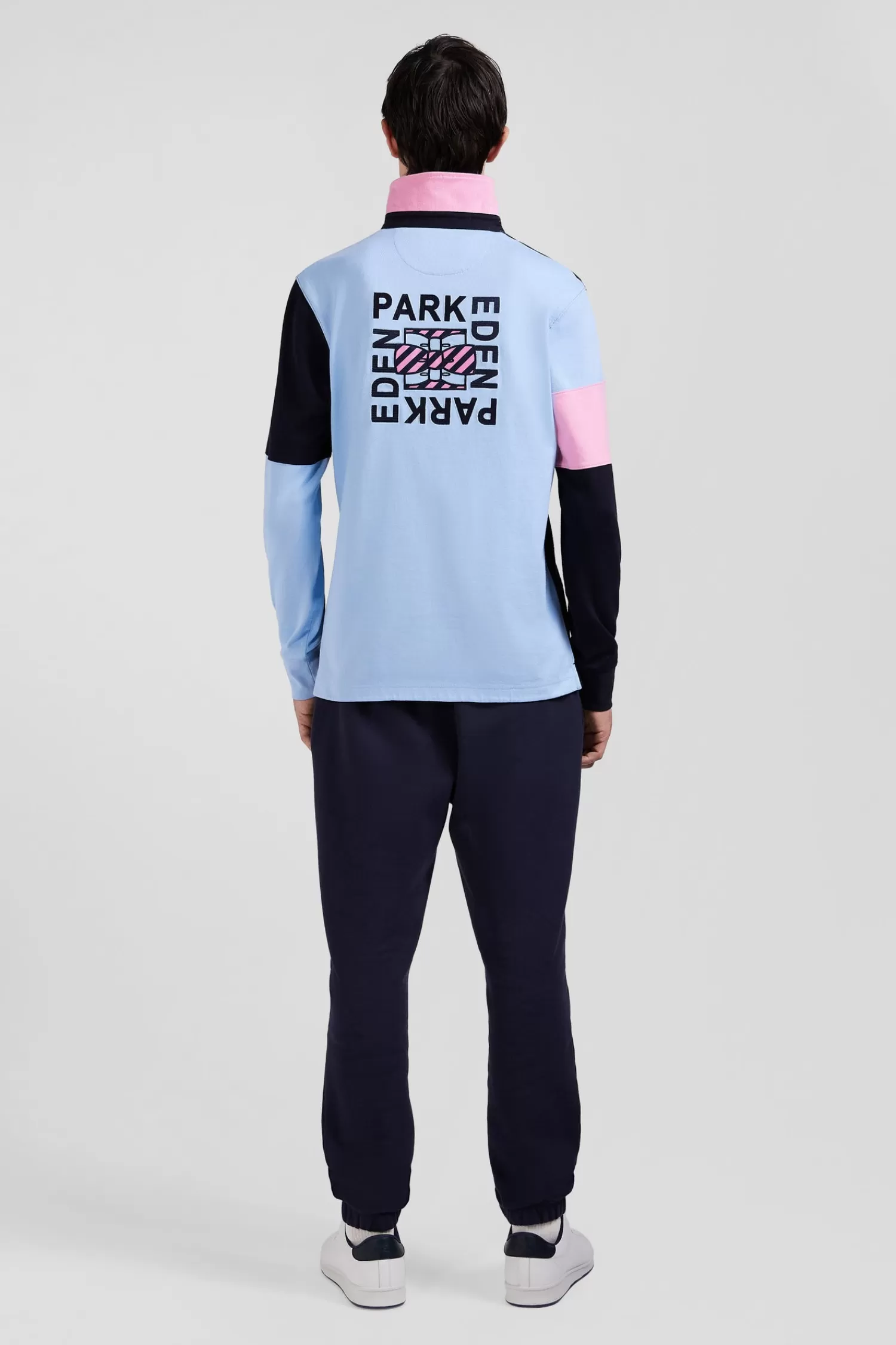 Eden Park Regular navy blue long-sleeved cotton rugby shirt with tie fabric patchwork< Rugby Shirts