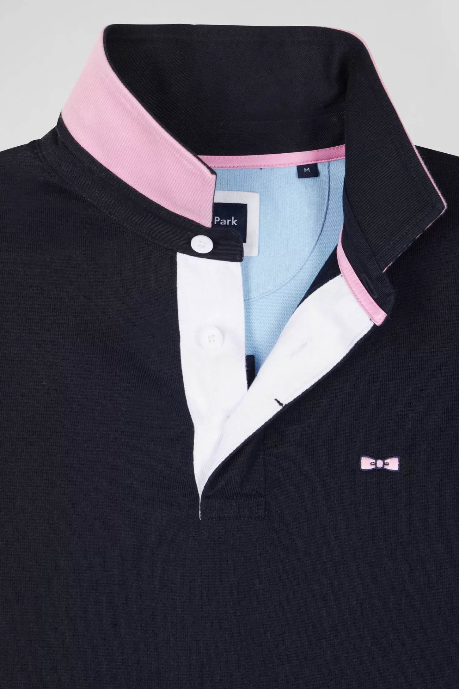 Eden Park Regular navy blue long-sleeved cotton rugby shirt with tie fabric patchwork< Rugby Shirts