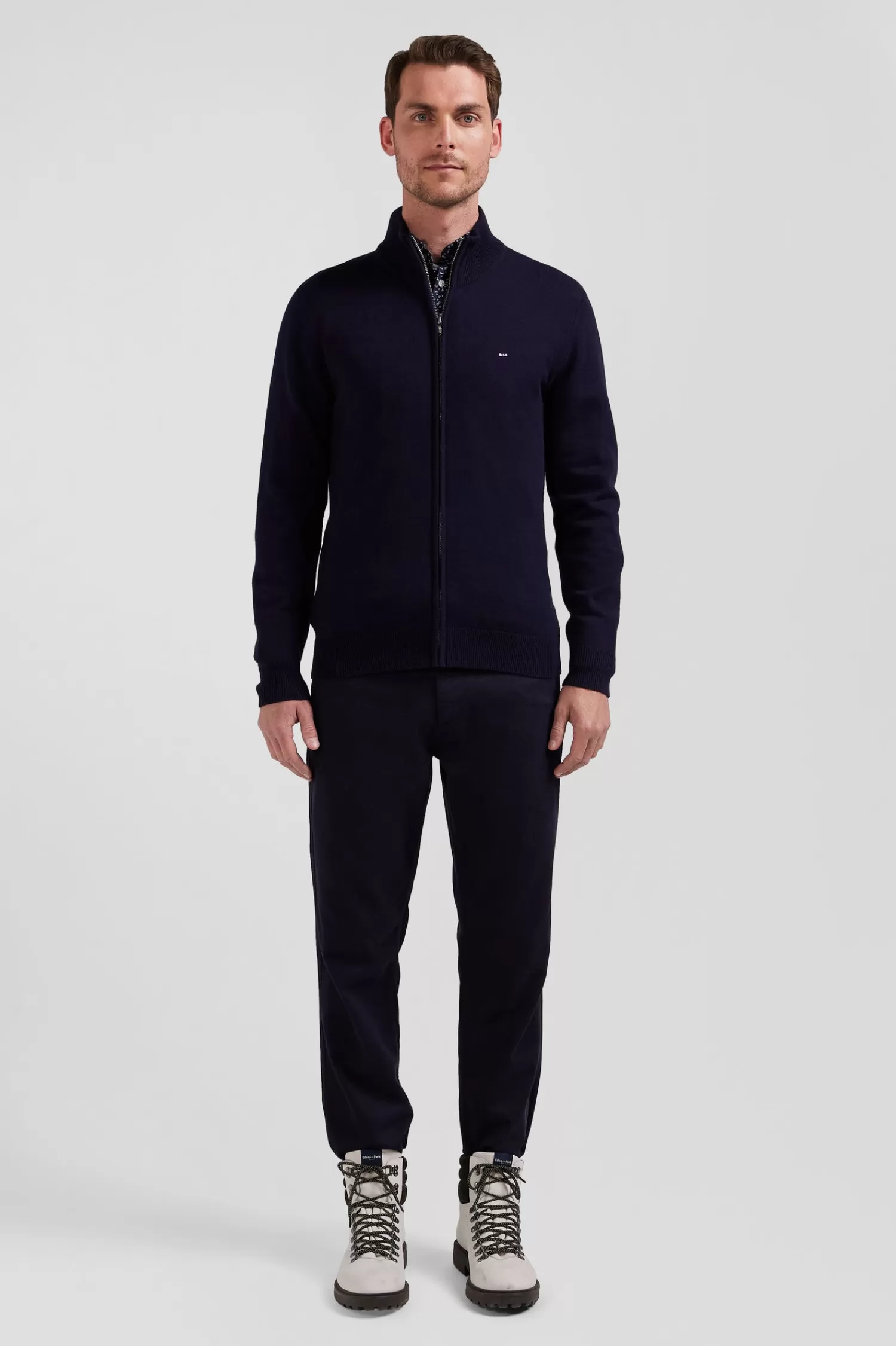 Eden Park Regular navy blue plain wool and cotton zipped cardigan< Cardigans