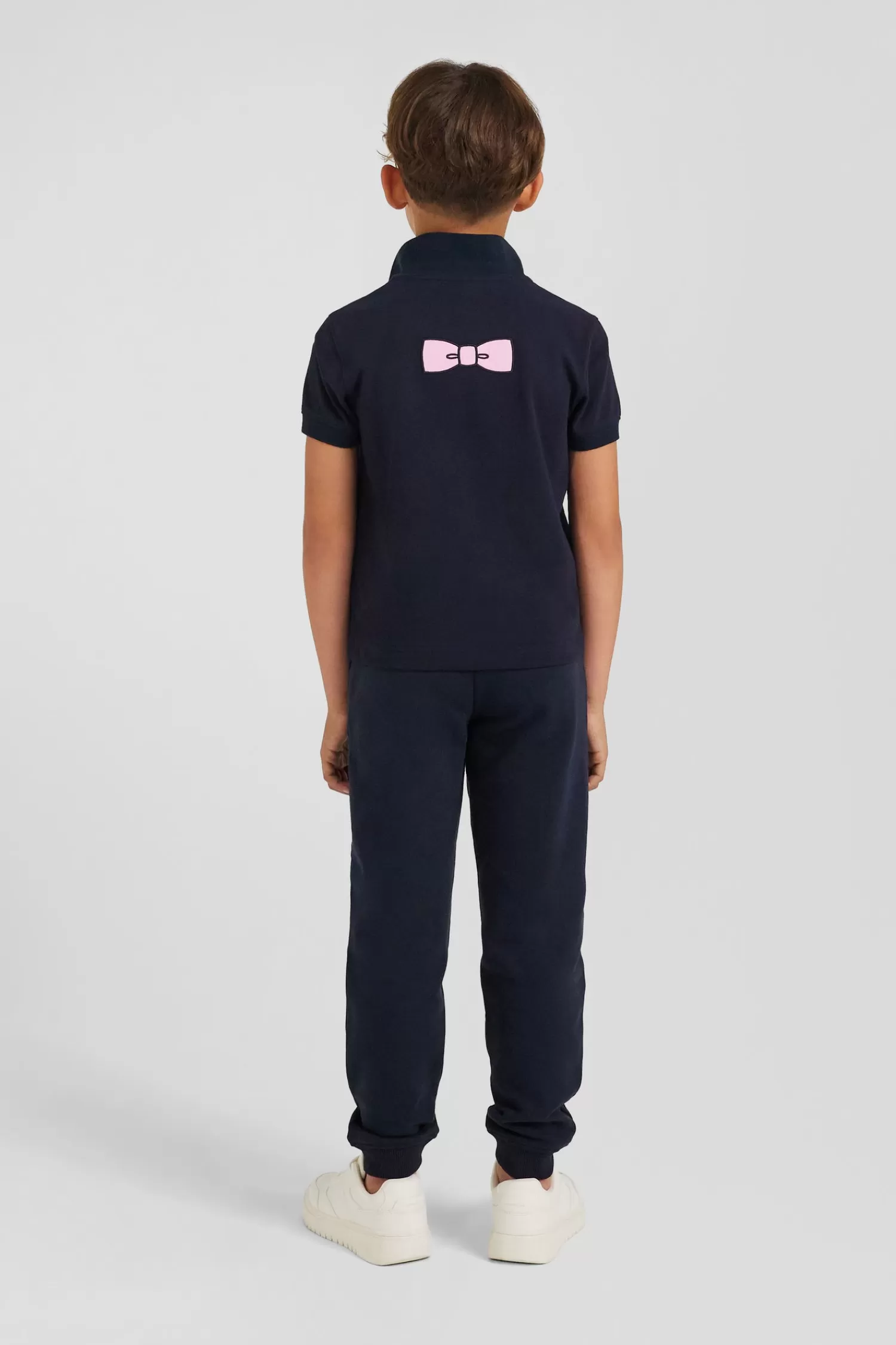 Eden Park Regular navy blue short-sleeved cotton piqué polo shirt with back bow tie embroidery<Kids Kids