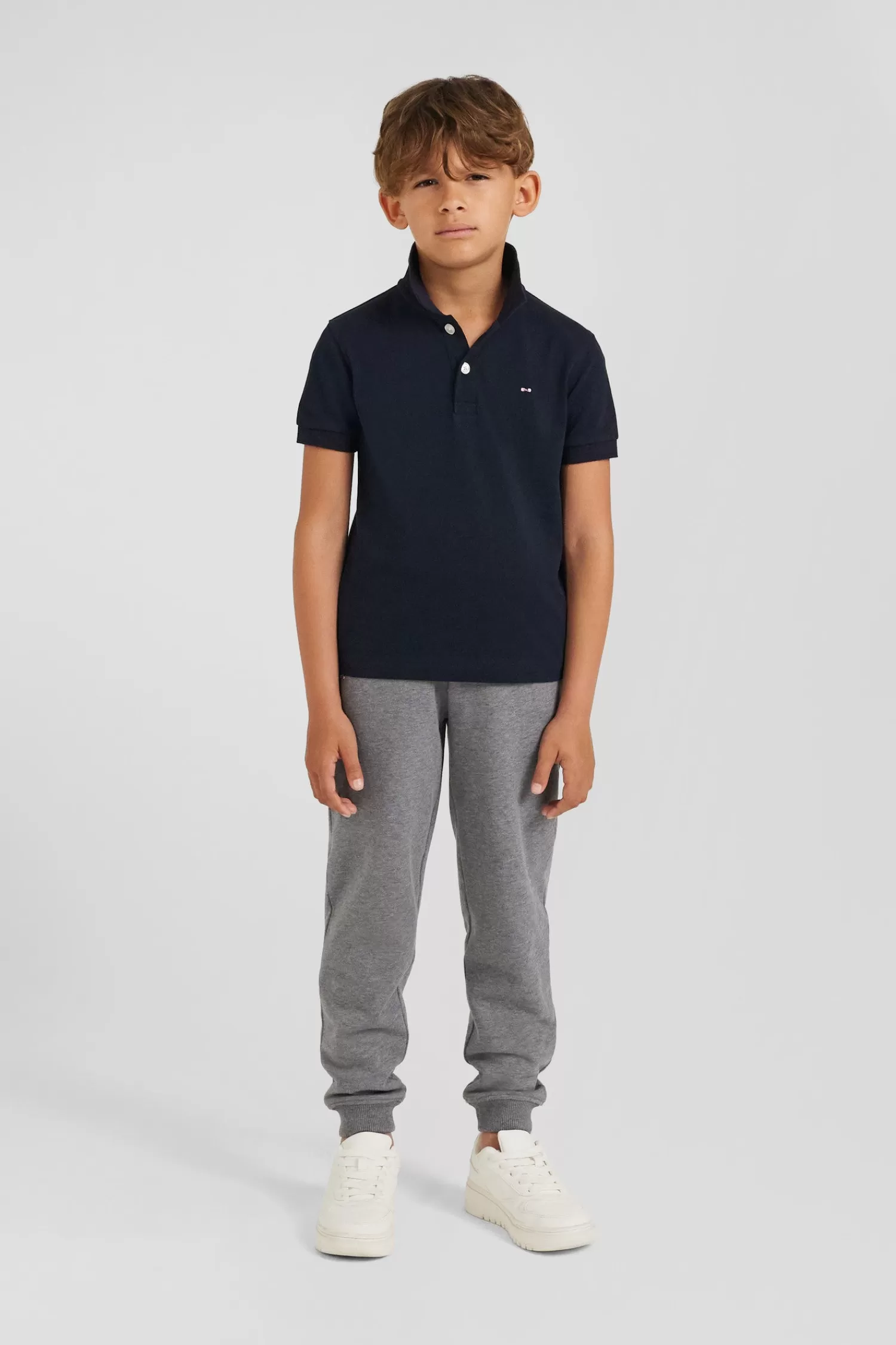 Eden Park Regular navy blue short-sleeved cotton piqué polo shirt with jacquard collar<Kids Kids