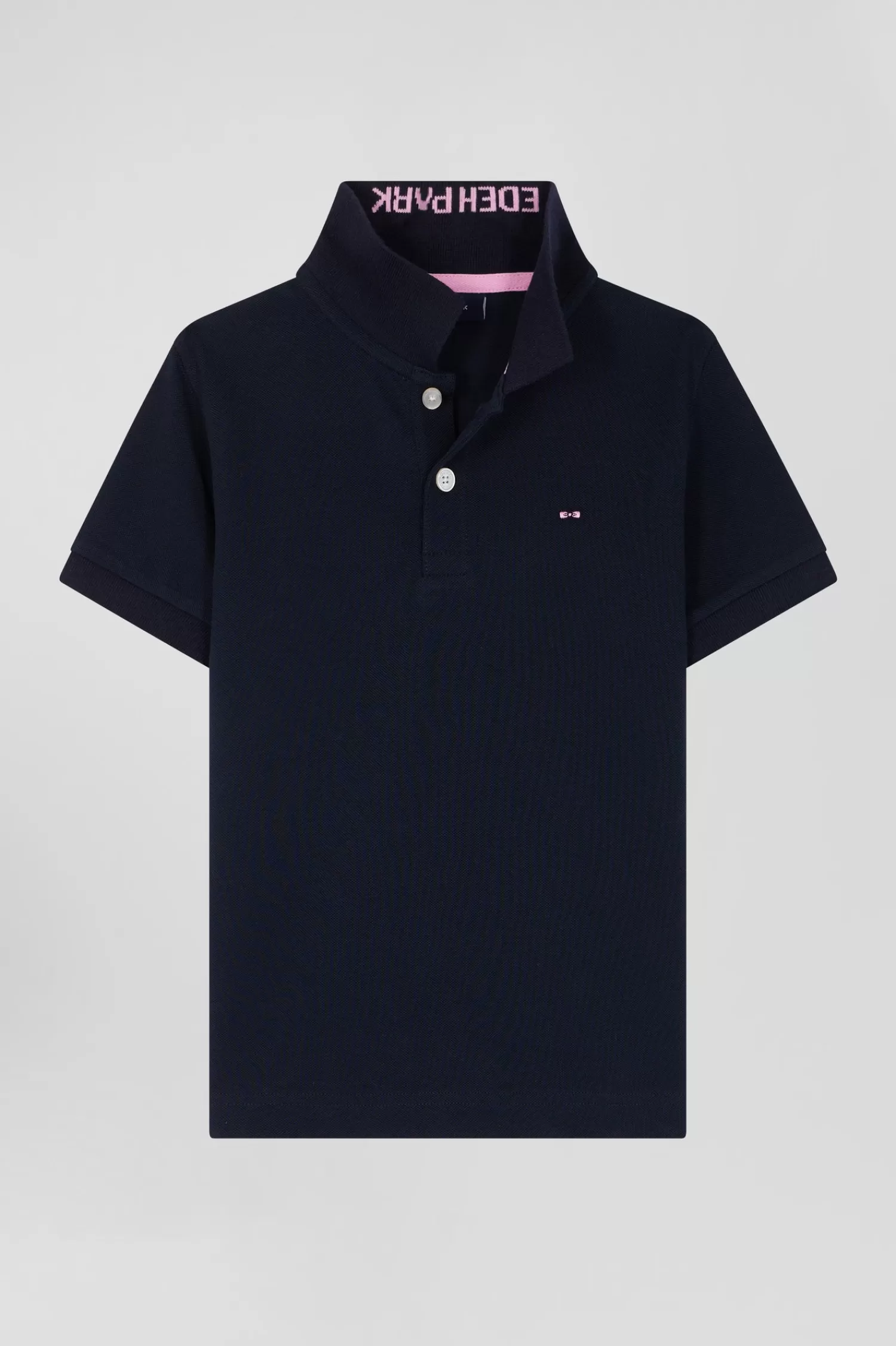 Eden Park Regular navy blue short-sleeved cotton piqué polo shirt with jacquard collar<Kids Kids
