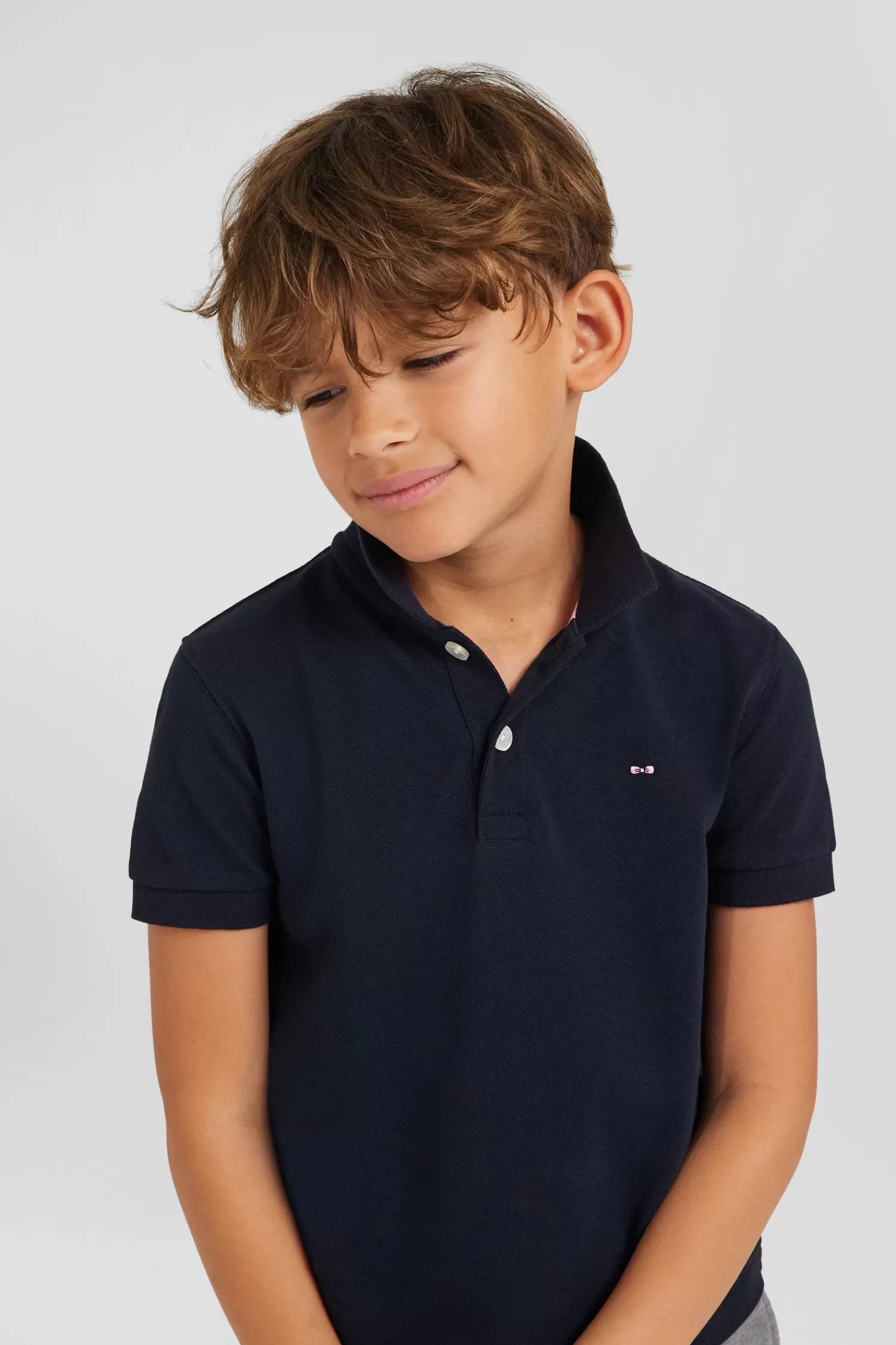 Eden Park Regular navy blue short-sleeved cotton piqué polo shirt with jacquard collar<Kids Kids