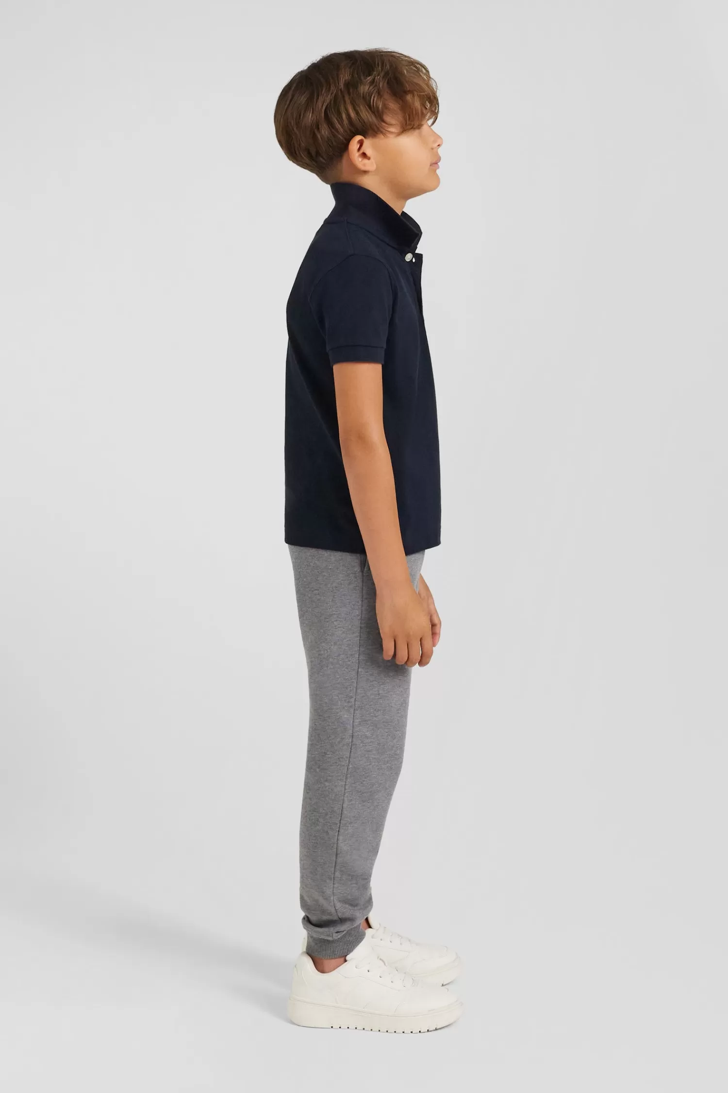 Eden Park Regular navy blue short-sleeved cotton piqué polo shirt with jacquard collar<Kids Kids