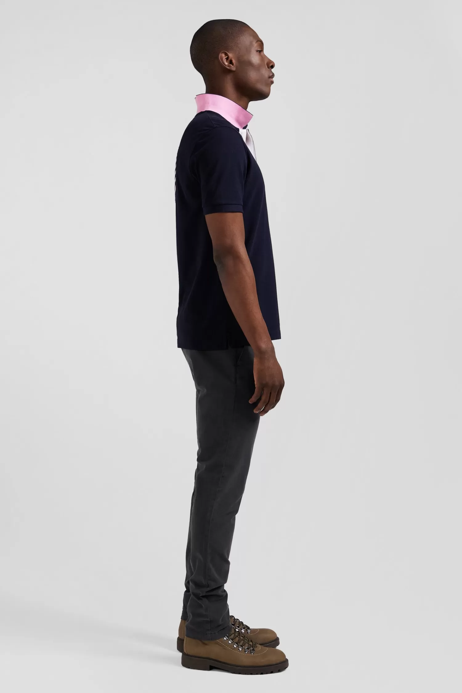 Eden Park Regular navy blue short-sleeved cotton piqué polo shirt with striped embroidery< Polos
