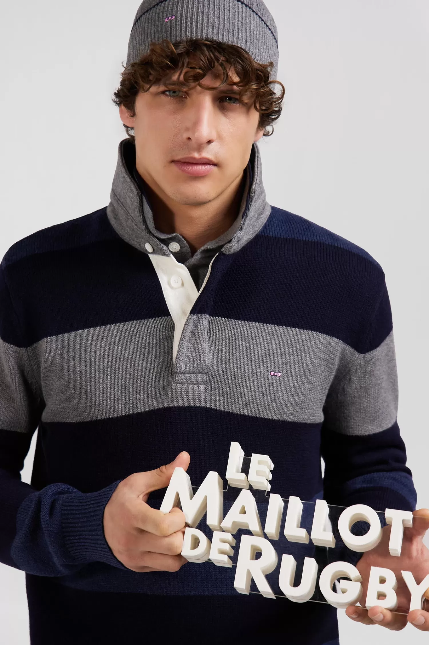 Eden Park Regular navy blue striped wool and cotton jumper with rugby shirt collar< Sweaters