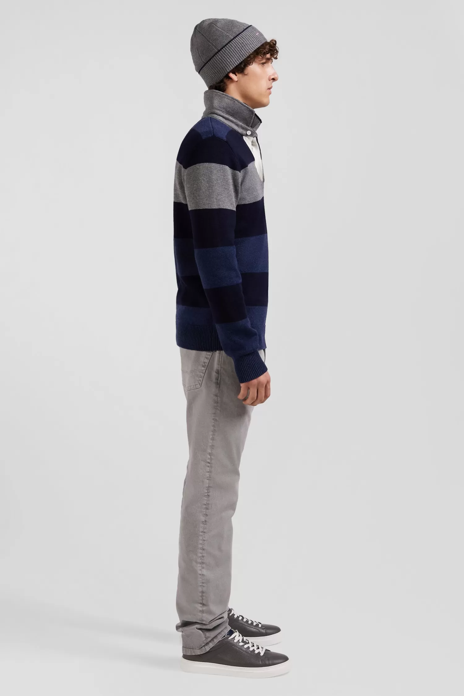 Eden Park Regular navy blue striped wool and cotton jumper with rugby shirt collar< Sweaters