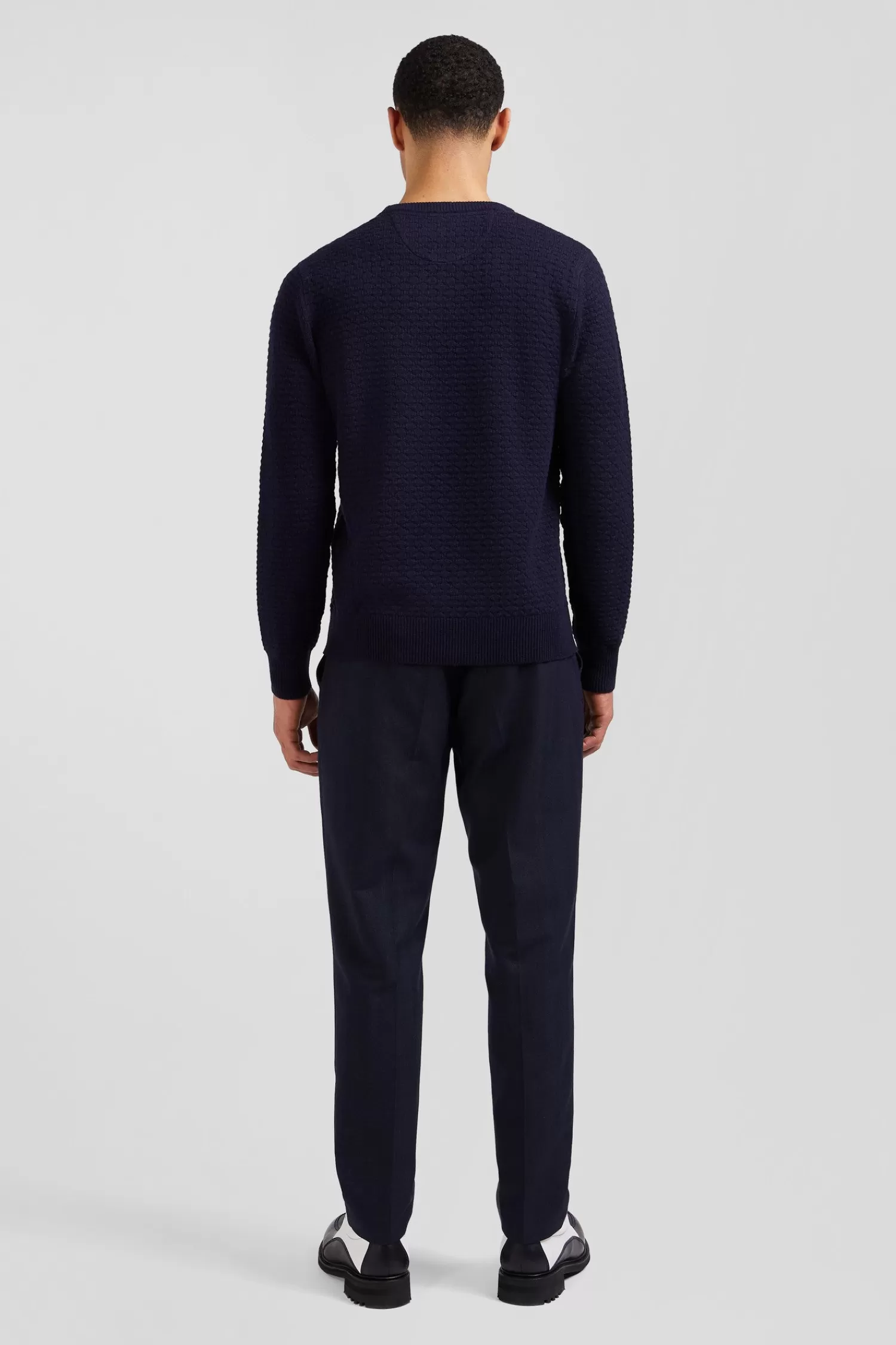Eden Park Regular navy blue wool and cotton crew neck jumper with micro bow tie effect< Sweaters