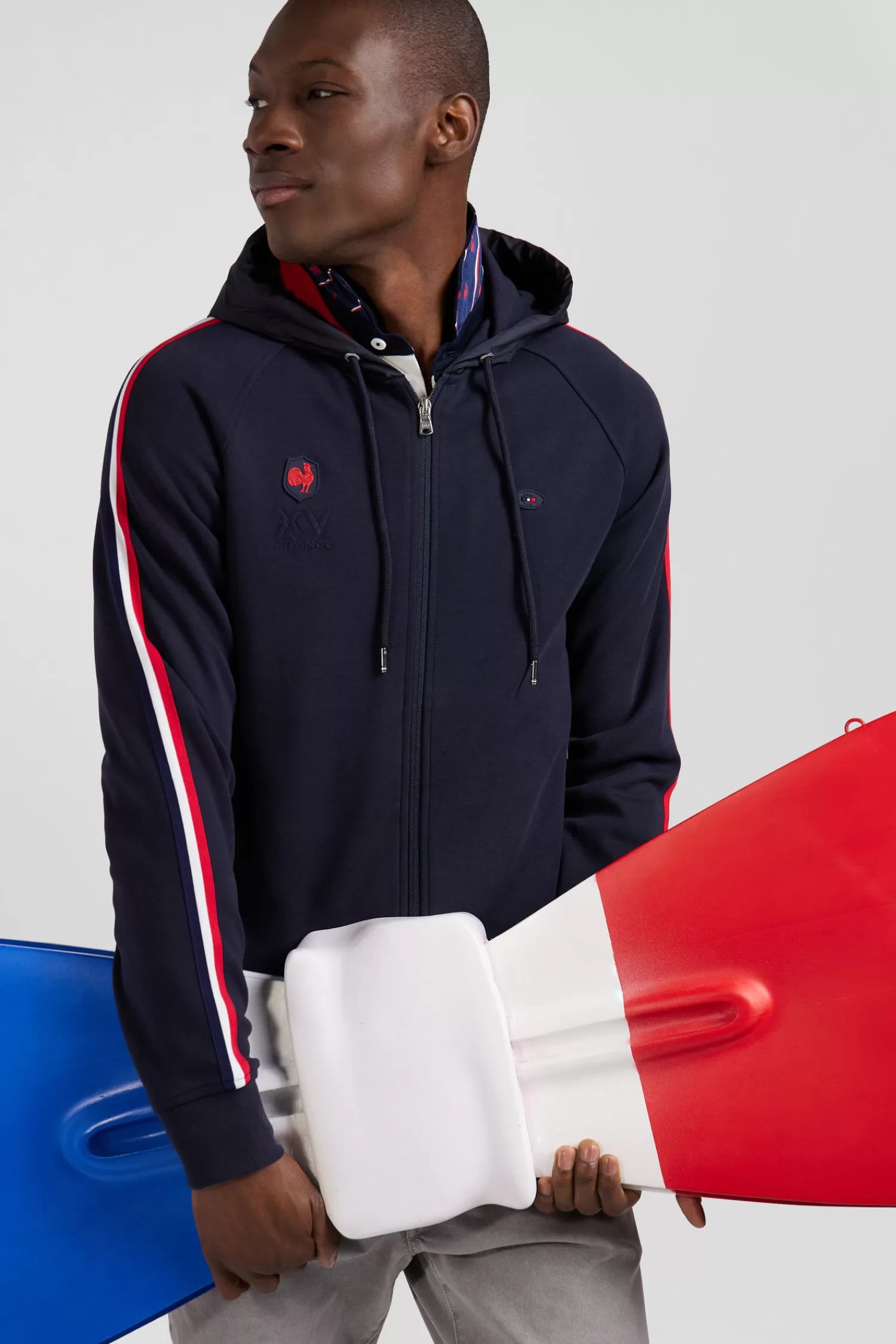 Eden Park Regular navy blue zipped XV de France cotton blend hoodie< Sweatshirts