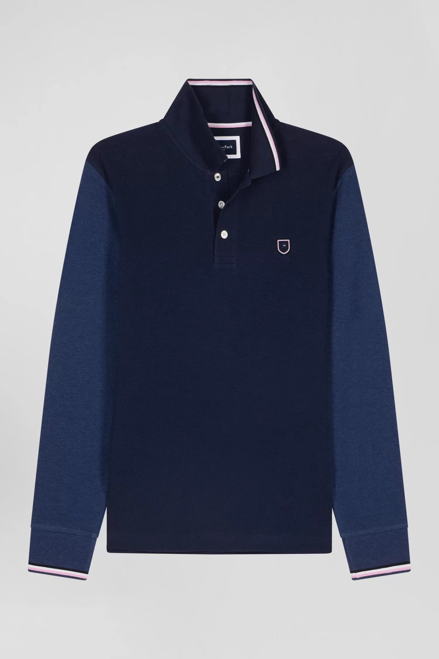 Eden Park Regular navy long-sleeved cotton piqué polo shirt with jacquard collar and rubber badge< Polos