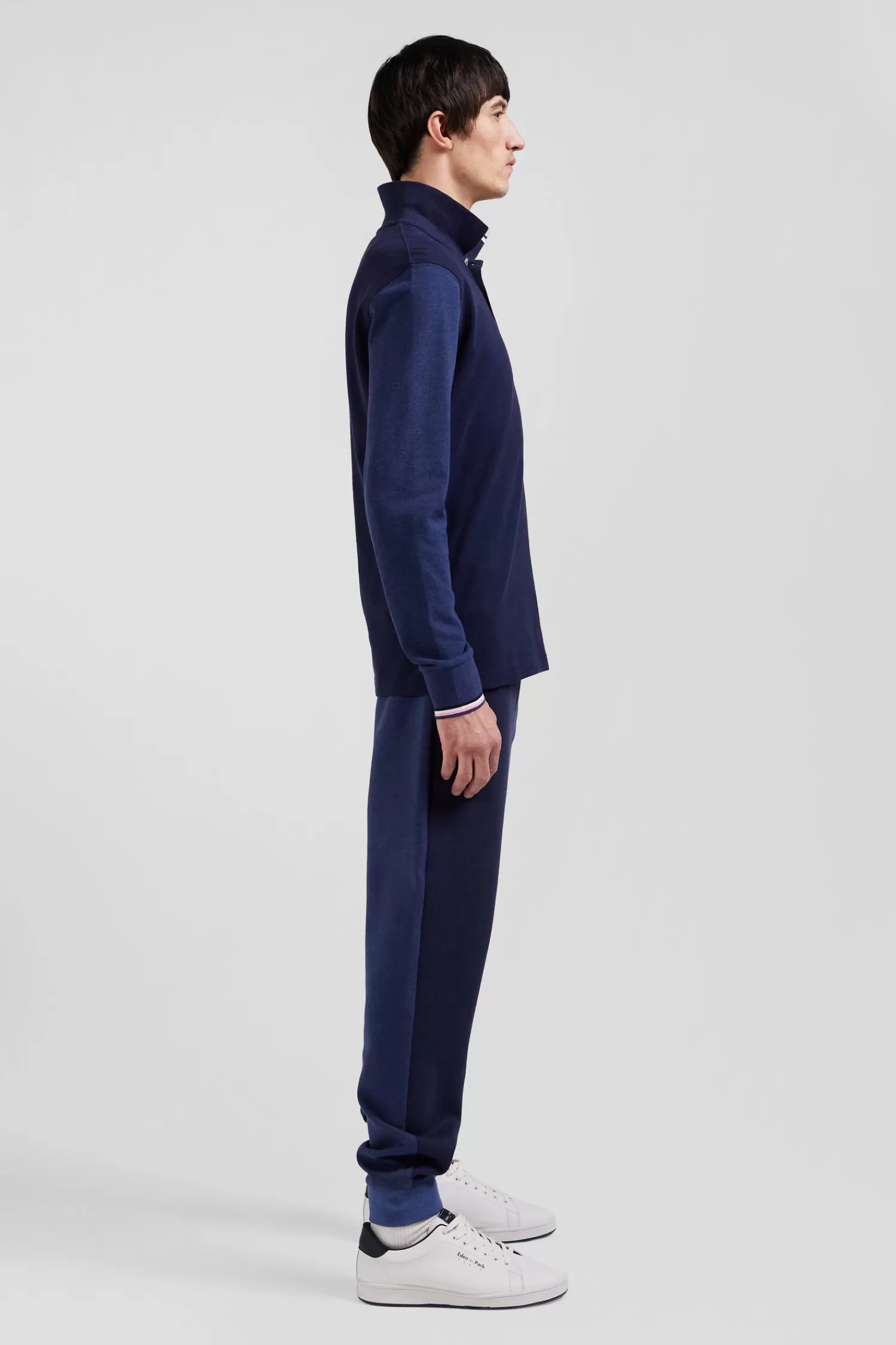 Eden Park Regular navy long-sleeved cotton piqué polo shirt with jacquard collar and rubber badge< Polos