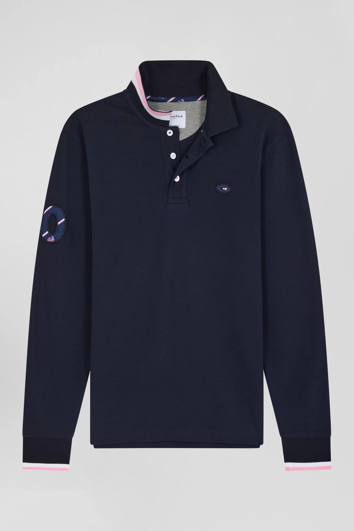 Eden Park Regular navy long-sleeved cotton piqué polo shirt with XV de France embroidery< Polos