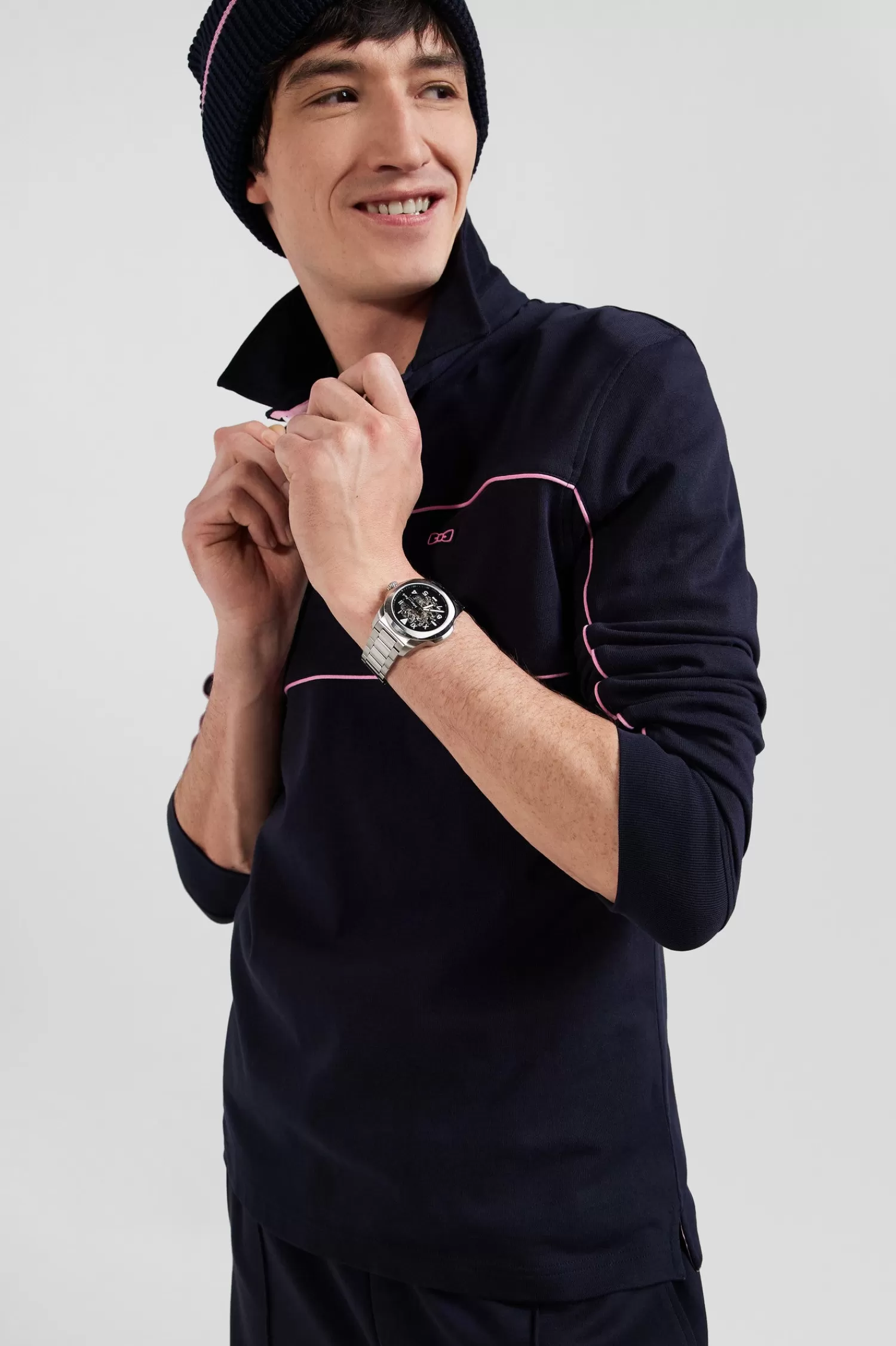 Eden Park Regular navy long-sleeved cotton rugby shirt with pink piping and embroidery< Rugby Shirts