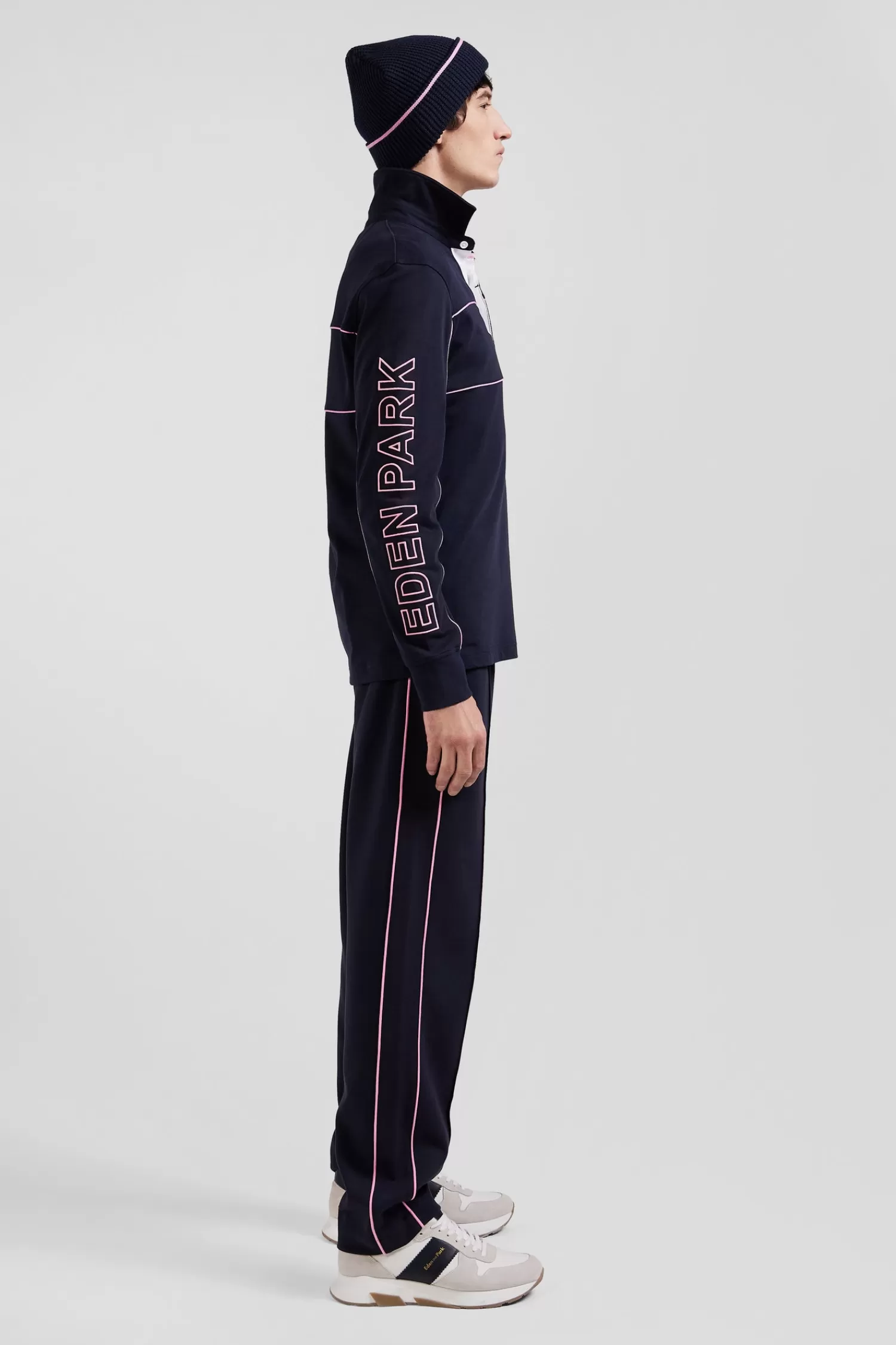 Eden Park Regular navy long-sleeved cotton rugby shirt with pink piping and embroidery< Rugby Shirts