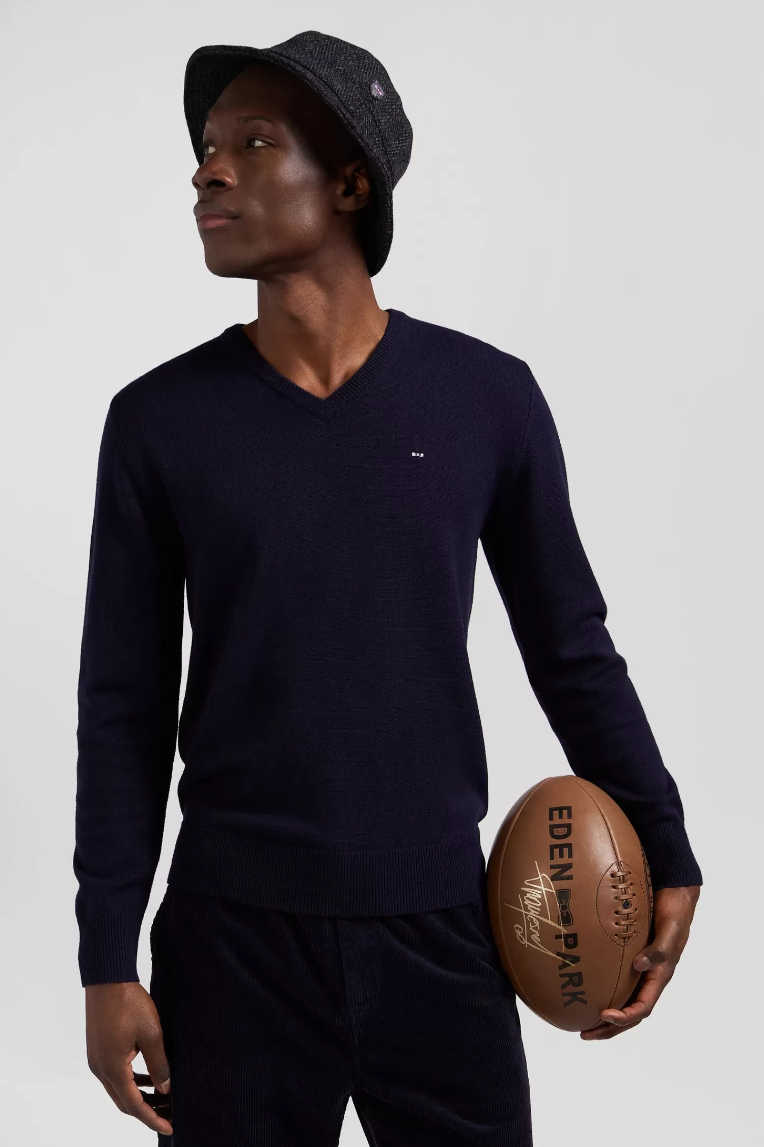 Eden Park Regular navy wool and cotton V-neck jumper with striped details< Sweaters