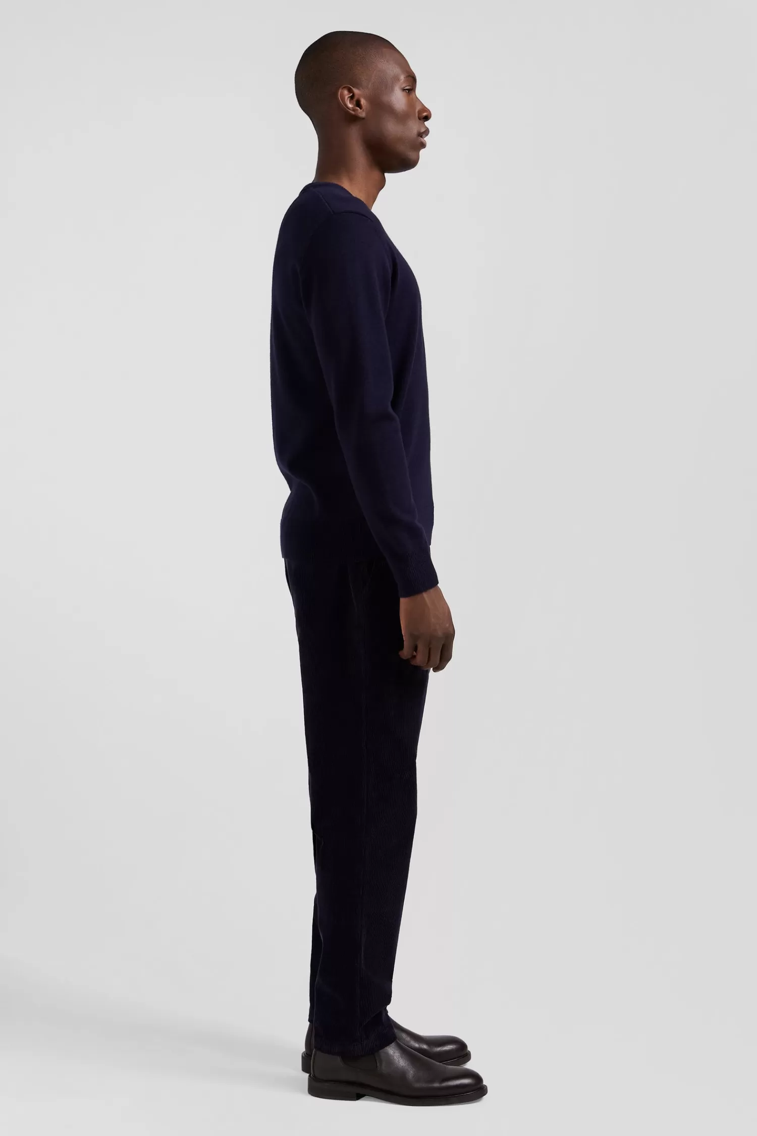 Eden Park Regular navy wool and cotton V-neck jumper with striped details< Sweaters