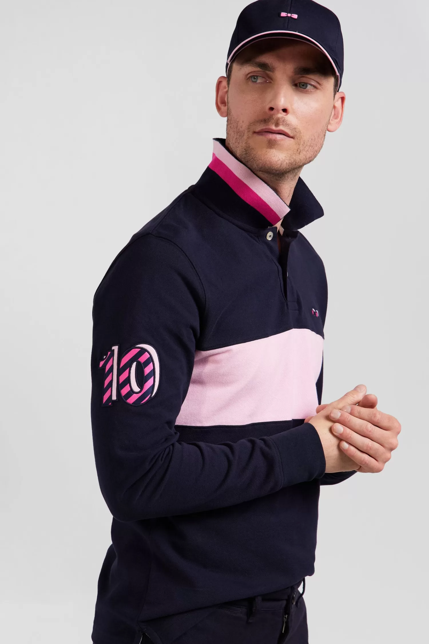 Eden Park Regular pink long-sleeved cotton piqué polo shirt with sleeve embroidery< Polos