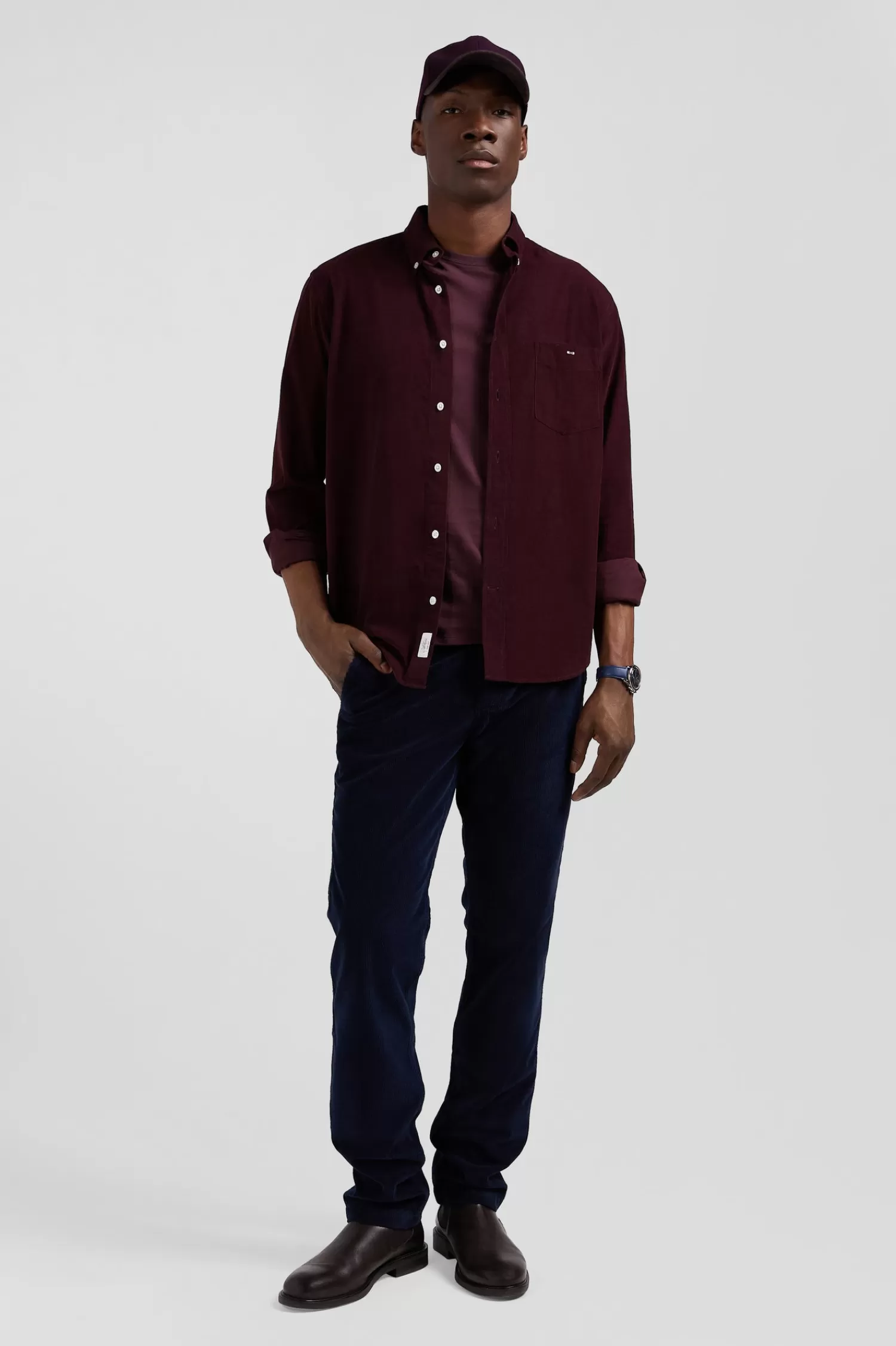 Eden Park Regular plain burgundy cotton shirt with button-down collar and chest pocket< Shirts