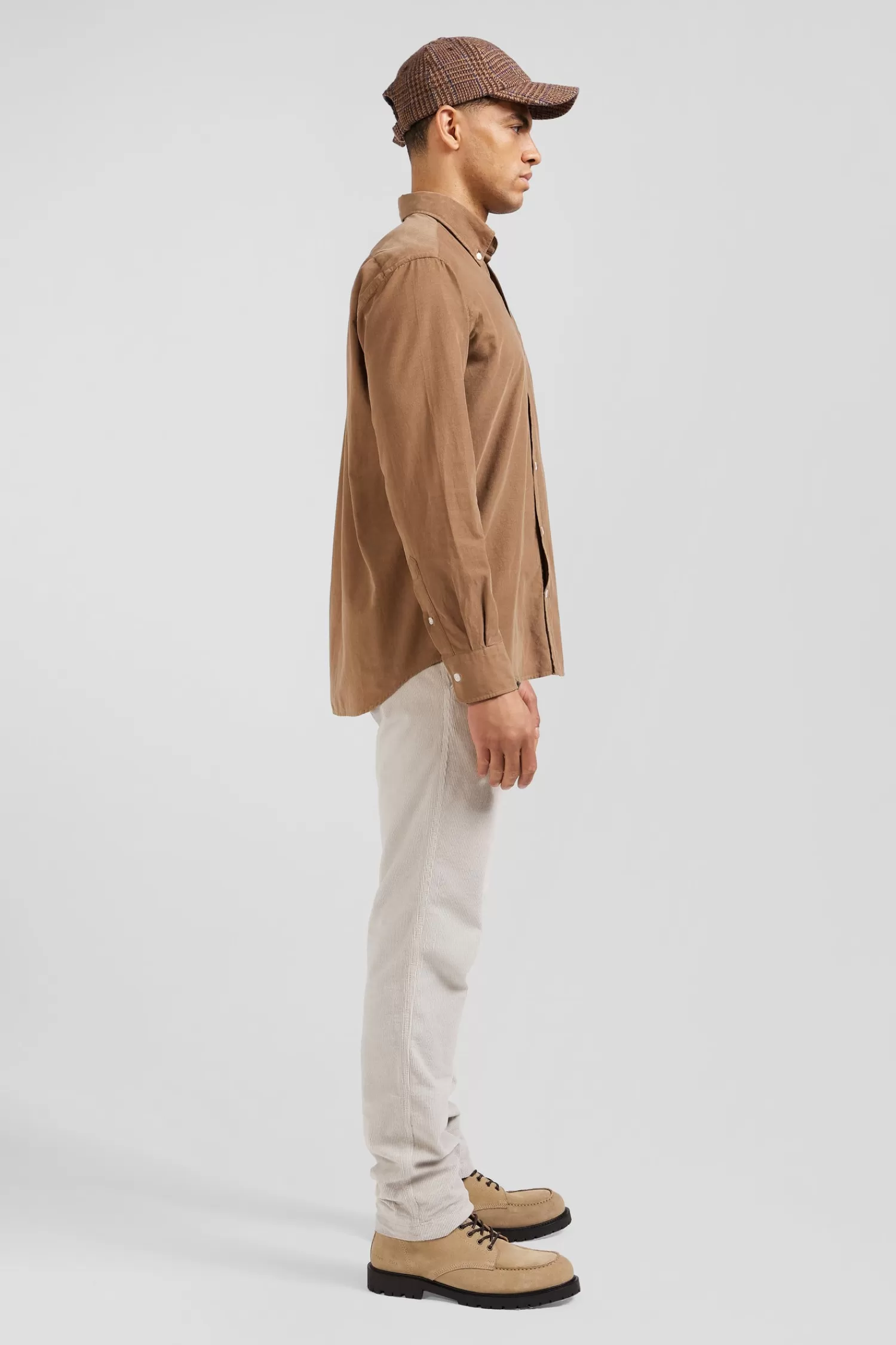 Eden Park Regular plain camel cotton shirt with button-down collar and chest pocket< Shirts