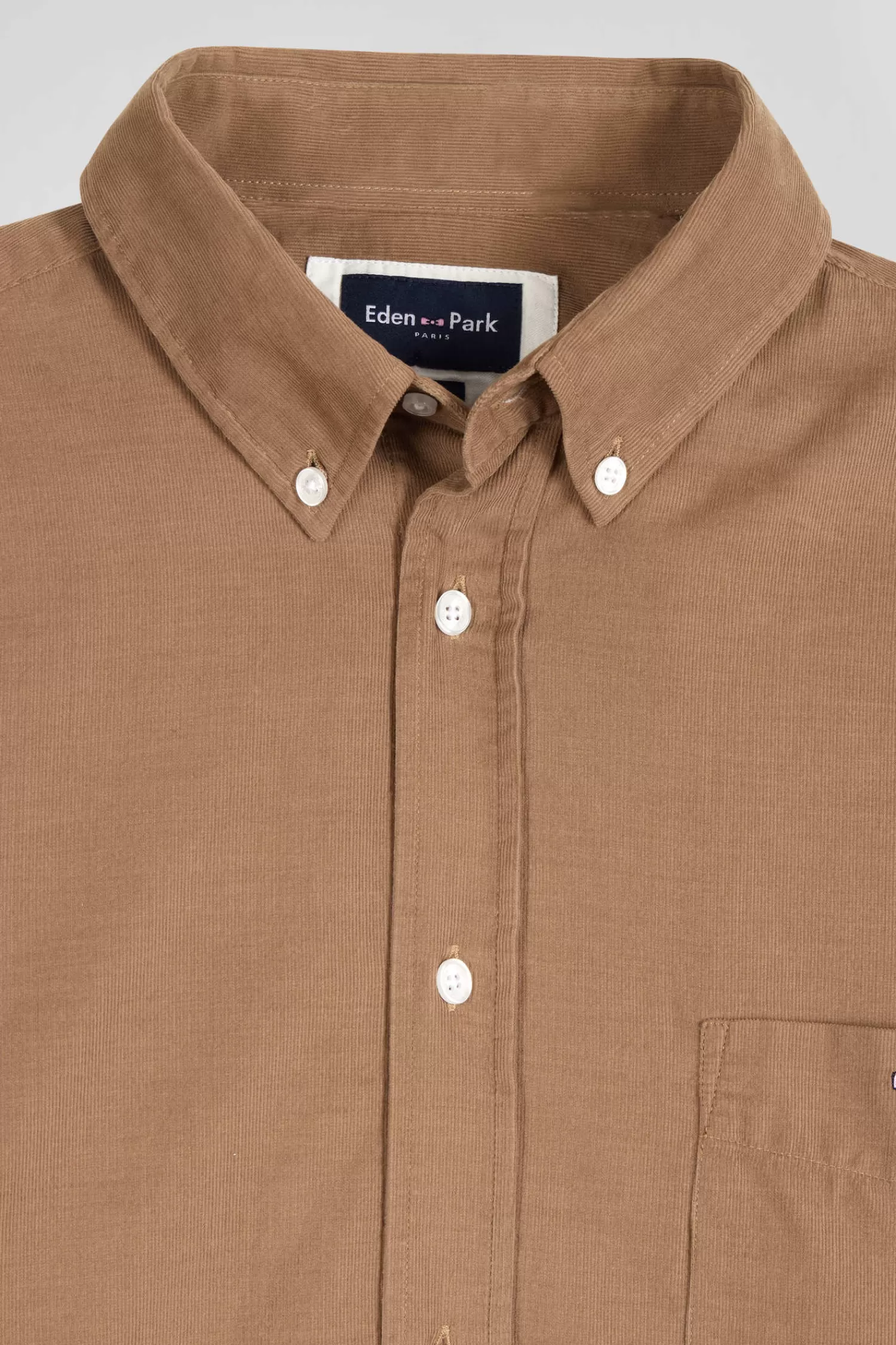 Eden Park Regular plain camel cotton shirt with button-down collar and chest pocket< Shirts