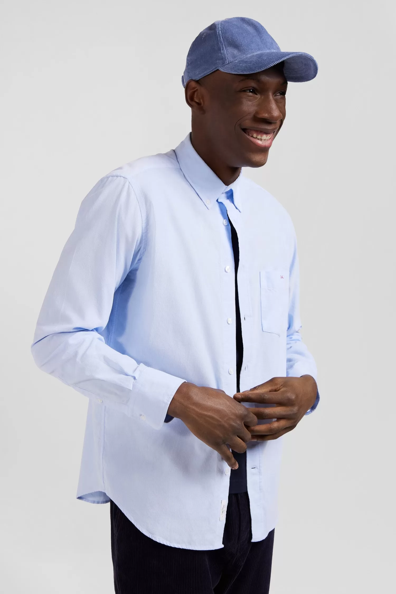 Eden Park Regular plain sky blue cotton shirt with button-down collar and chest pocket< Shirts