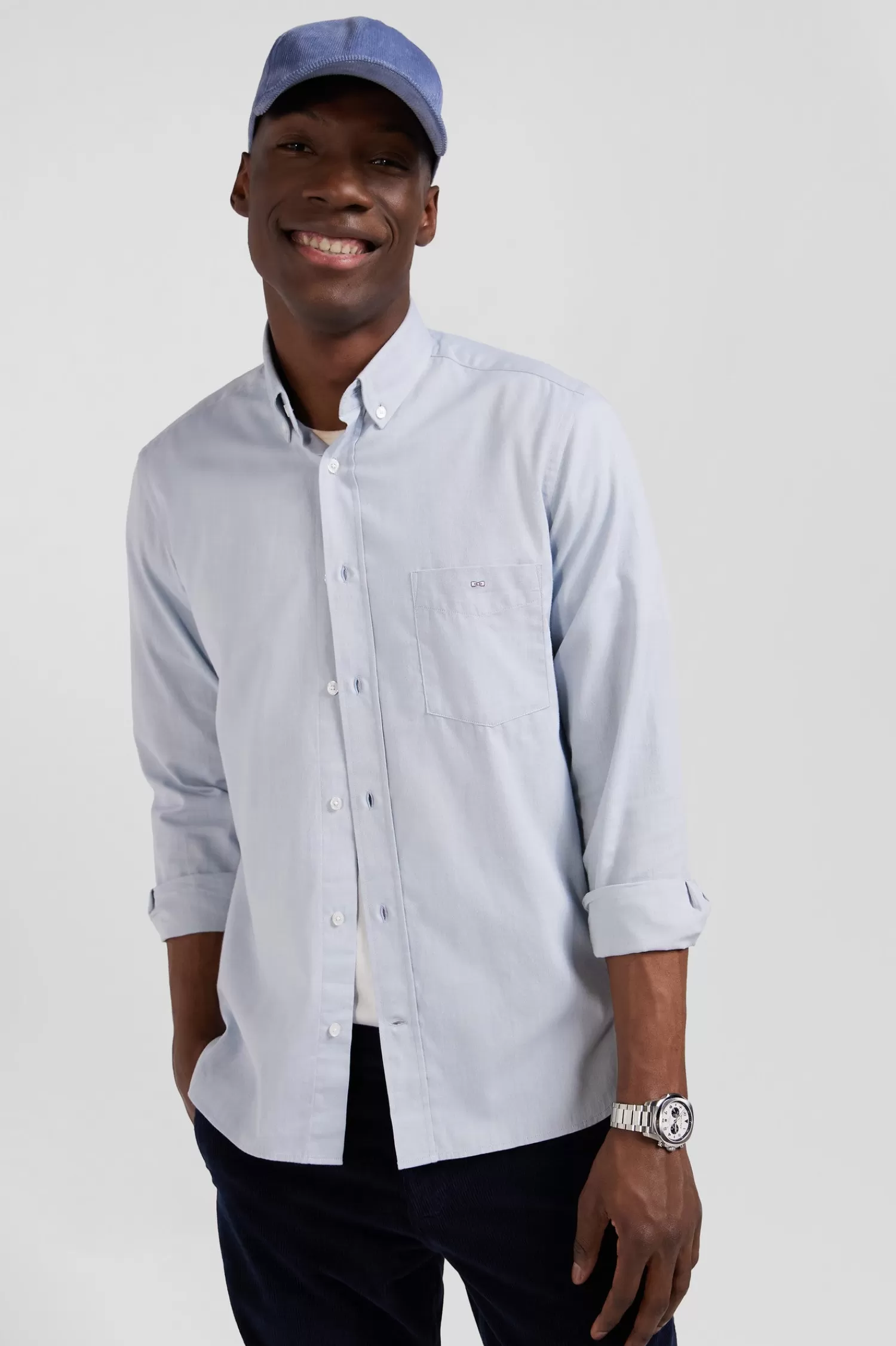 Eden Park Regular plain sky blue cotton twill shirt with button-down collar< Shirts