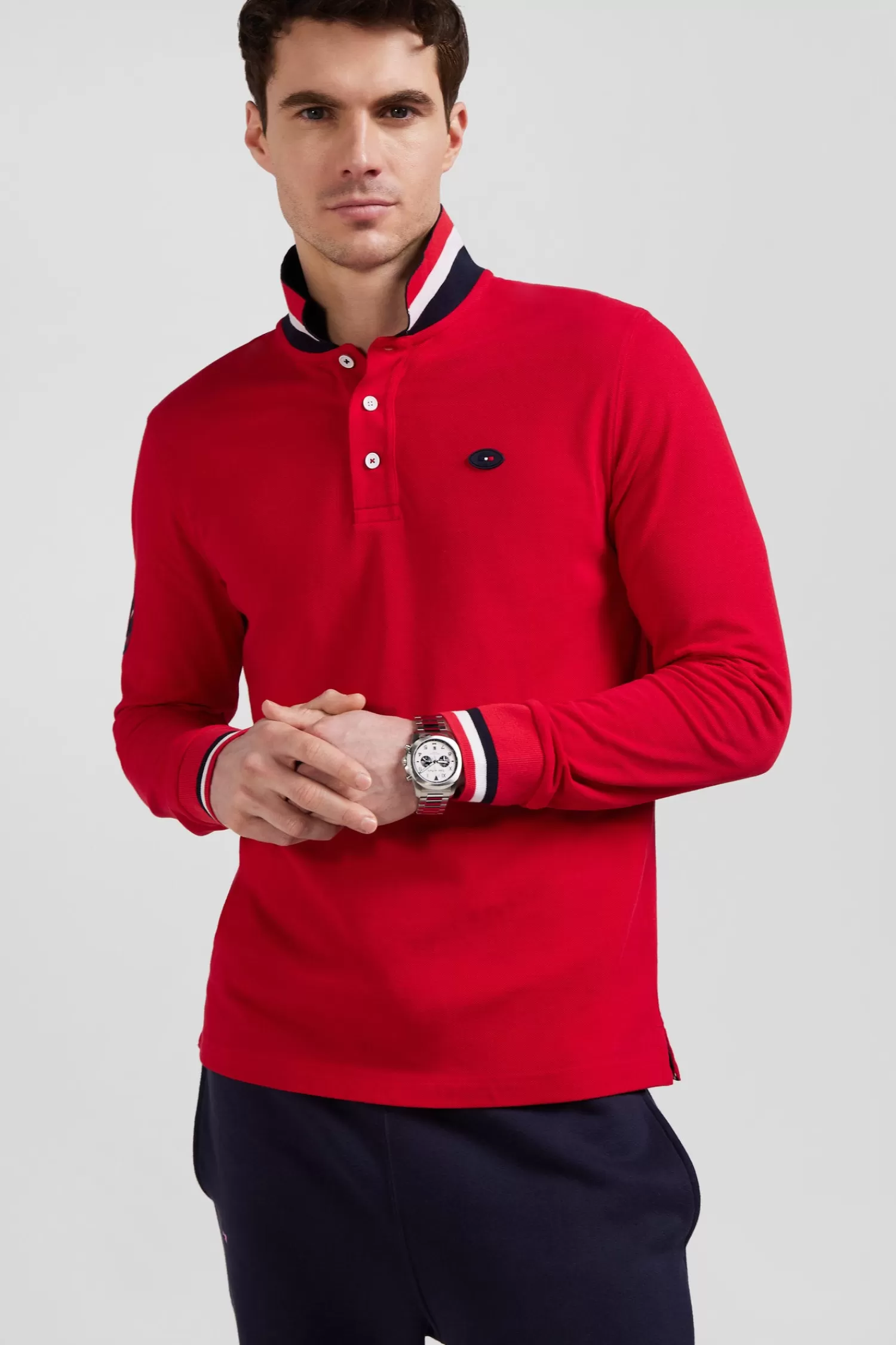 Eden Park Regular red long-sleeved cotton piqué polo shirt with XV de France embroidery< Polos