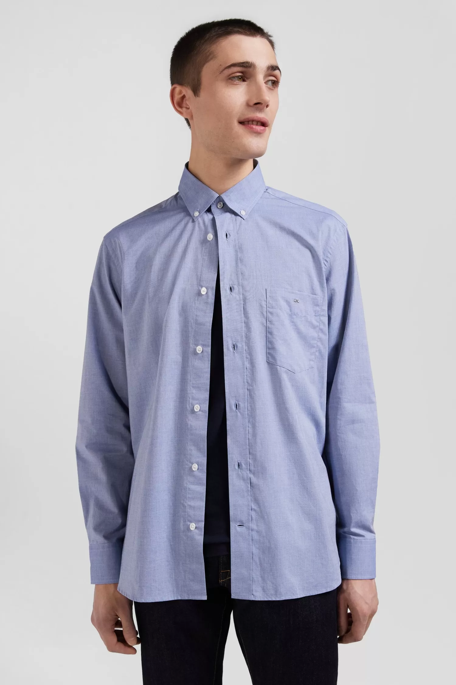 Eden Park Regular sky blue cotton denim shirt with printed elbow patches< Shirts