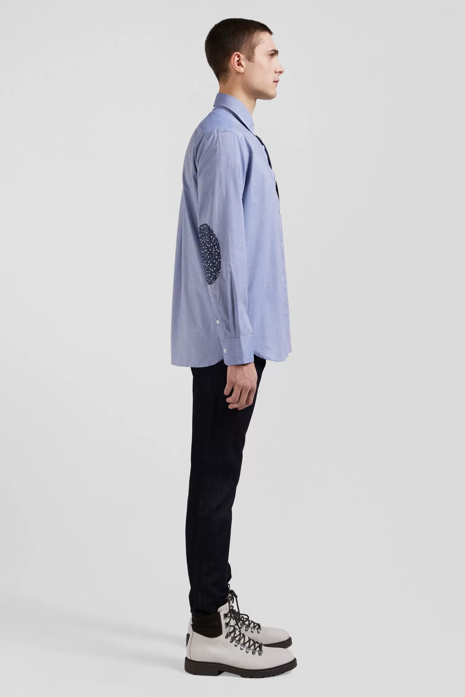 Eden Park Regular sky blue cotton denim shirt with printed elbow patches< Shirts