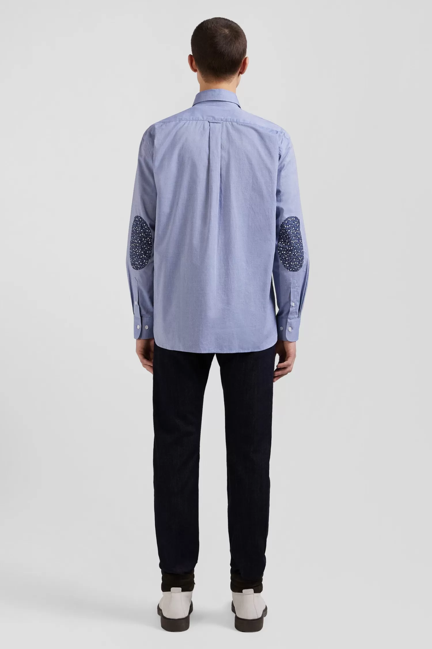 Eden Park Regular sky blue cotton denim shirt with printed elbow patches< Shirts