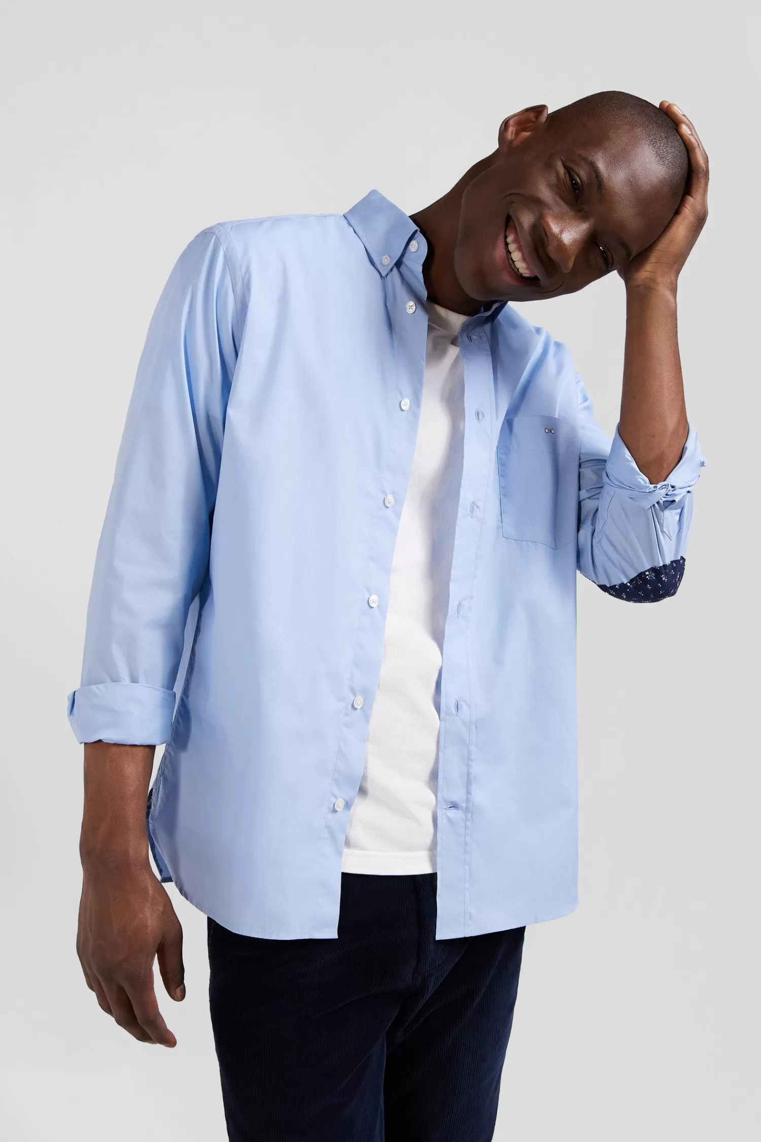 Eden Park Regular sky blue cotton poplin shirt with button-down collar and printed elbow patches< Shirts