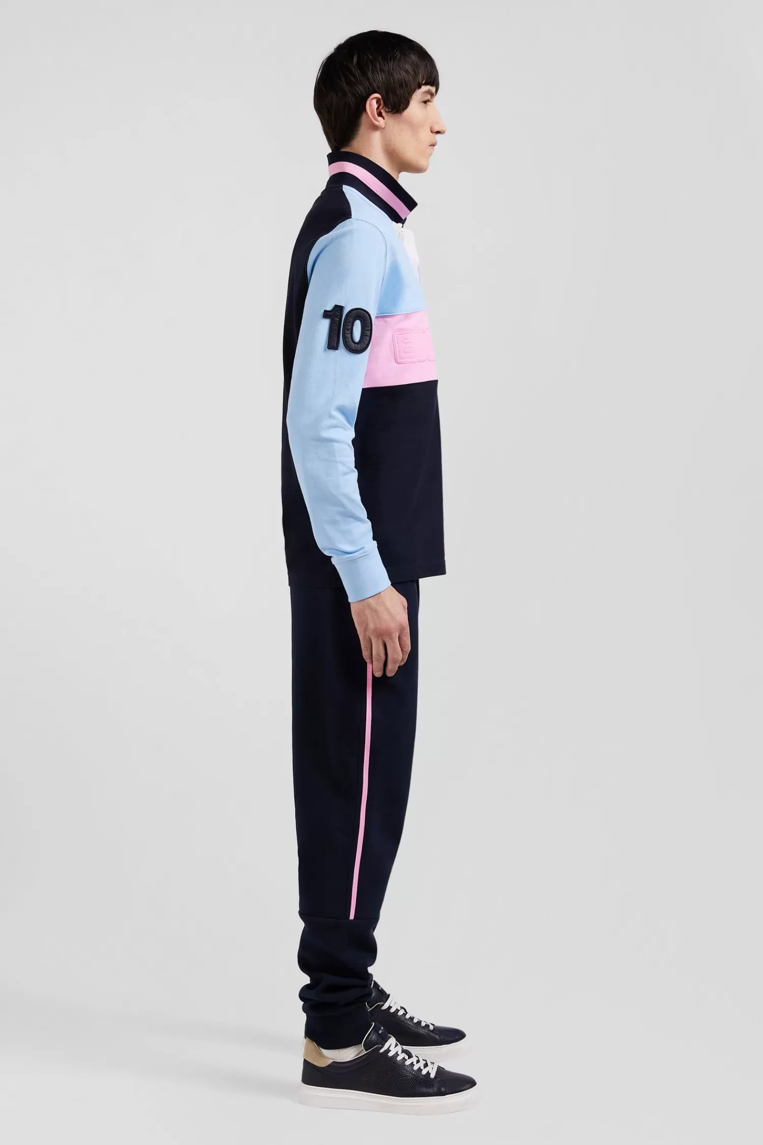 Eden Park Regular sky blue long-sleeved cotton piqué polo shirt with padded embroidery< Polos