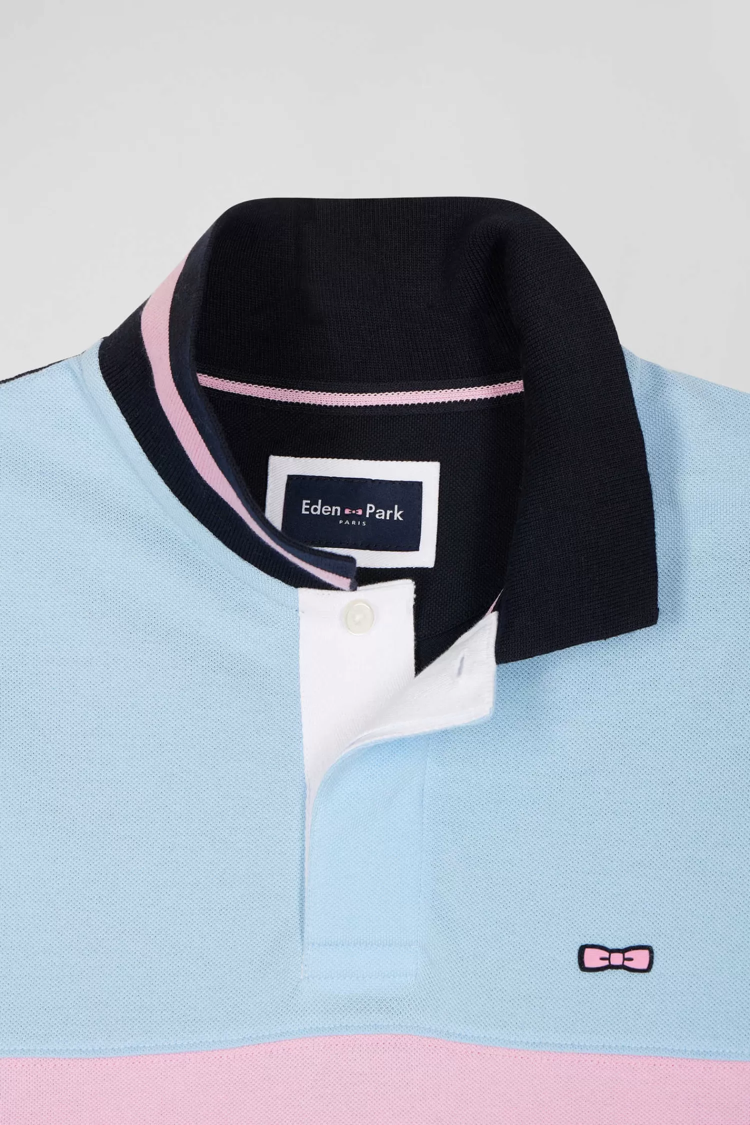 Eden Park Regular sky blue long-sleeved cotton piqué polo shirt with padded embroidery< Polos