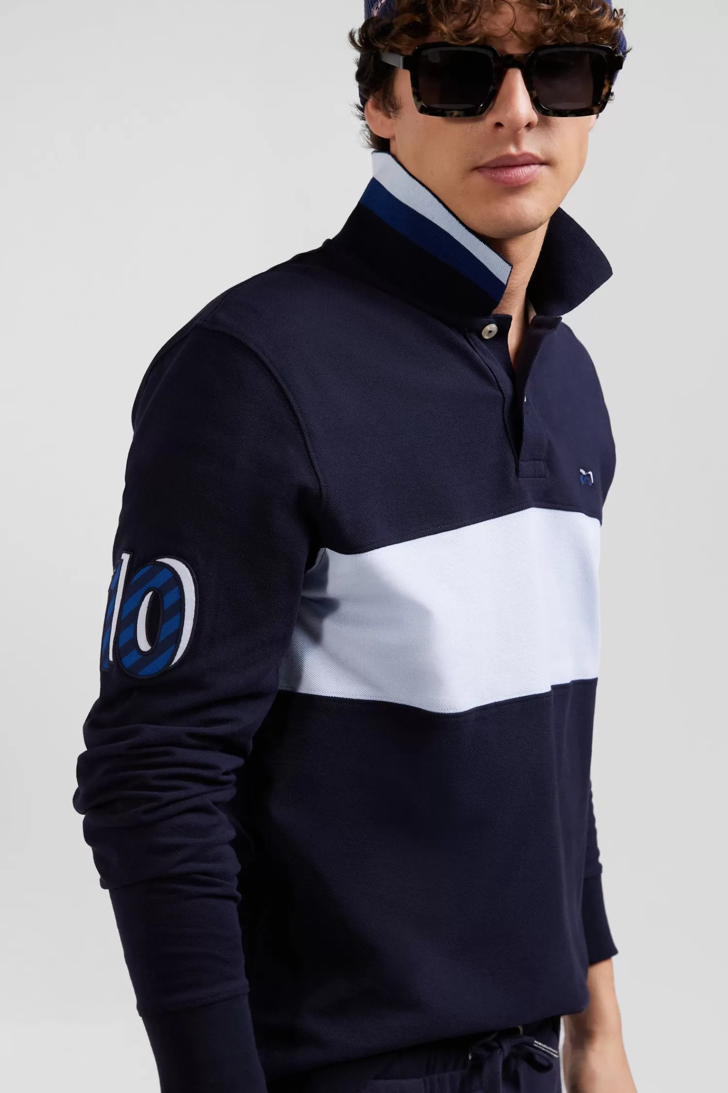 Eden Park Regular sky blue long-sleeved cotton piqué polo shirt with sleeve embroidery< Polos