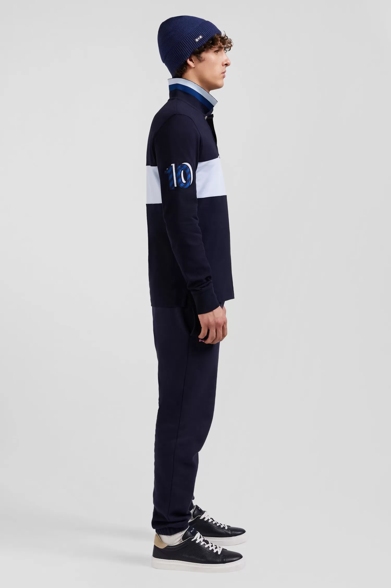 Eden Park Regular sky blue long-sleeved cotton piqué polo shirt with sleeve embroidery< Polos