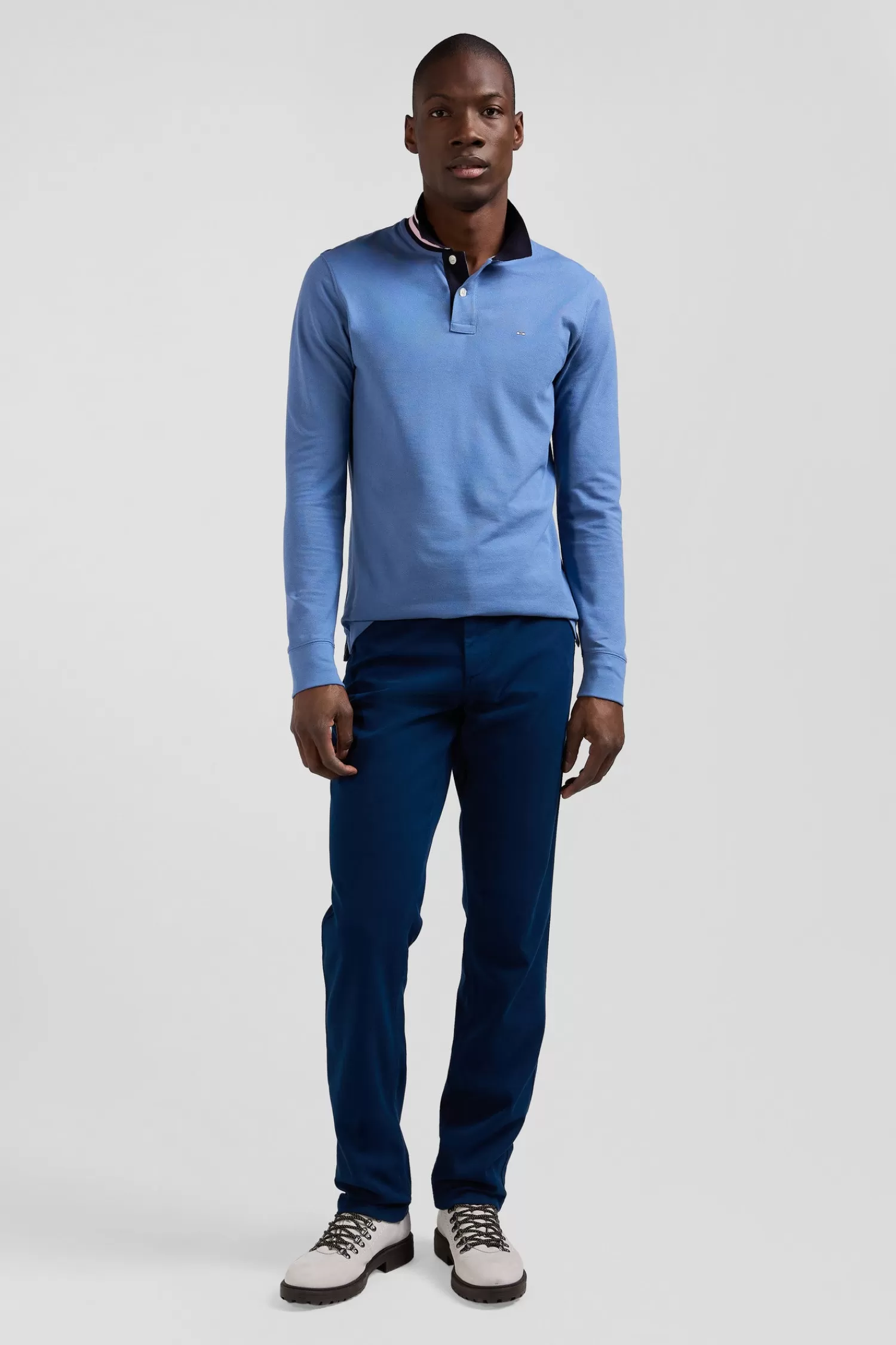Eden Park Regular sky blue long-sleeved cotton piqué polo shirt with striped collar< Polos