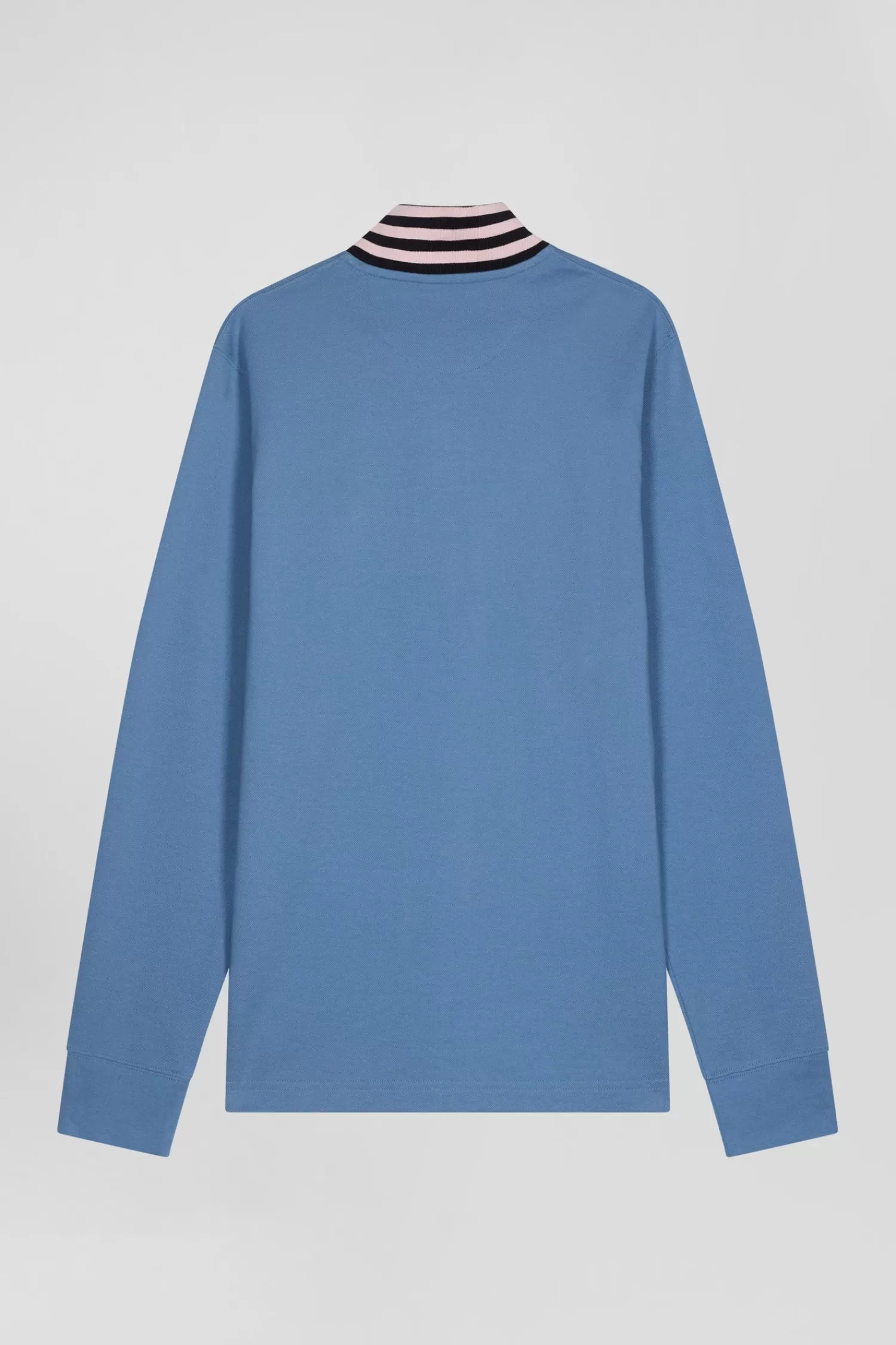 Eden Park Regular sky blue long-sleeved cotton piqué polo shirt with striped collar< Polos