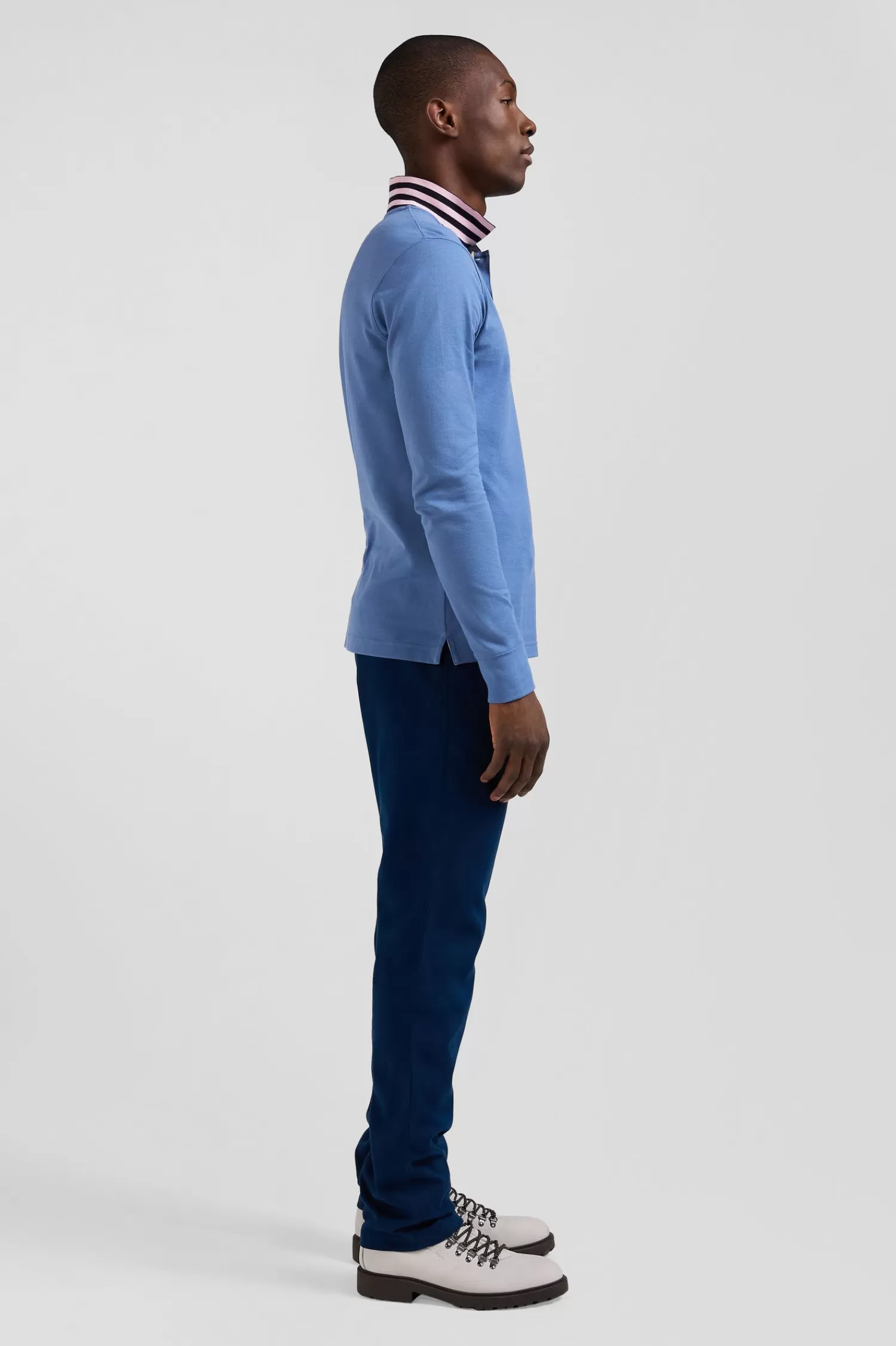 Eden Park Regular sky blue long-sleeved cotton piqué polo shirt with striped collar< Polos