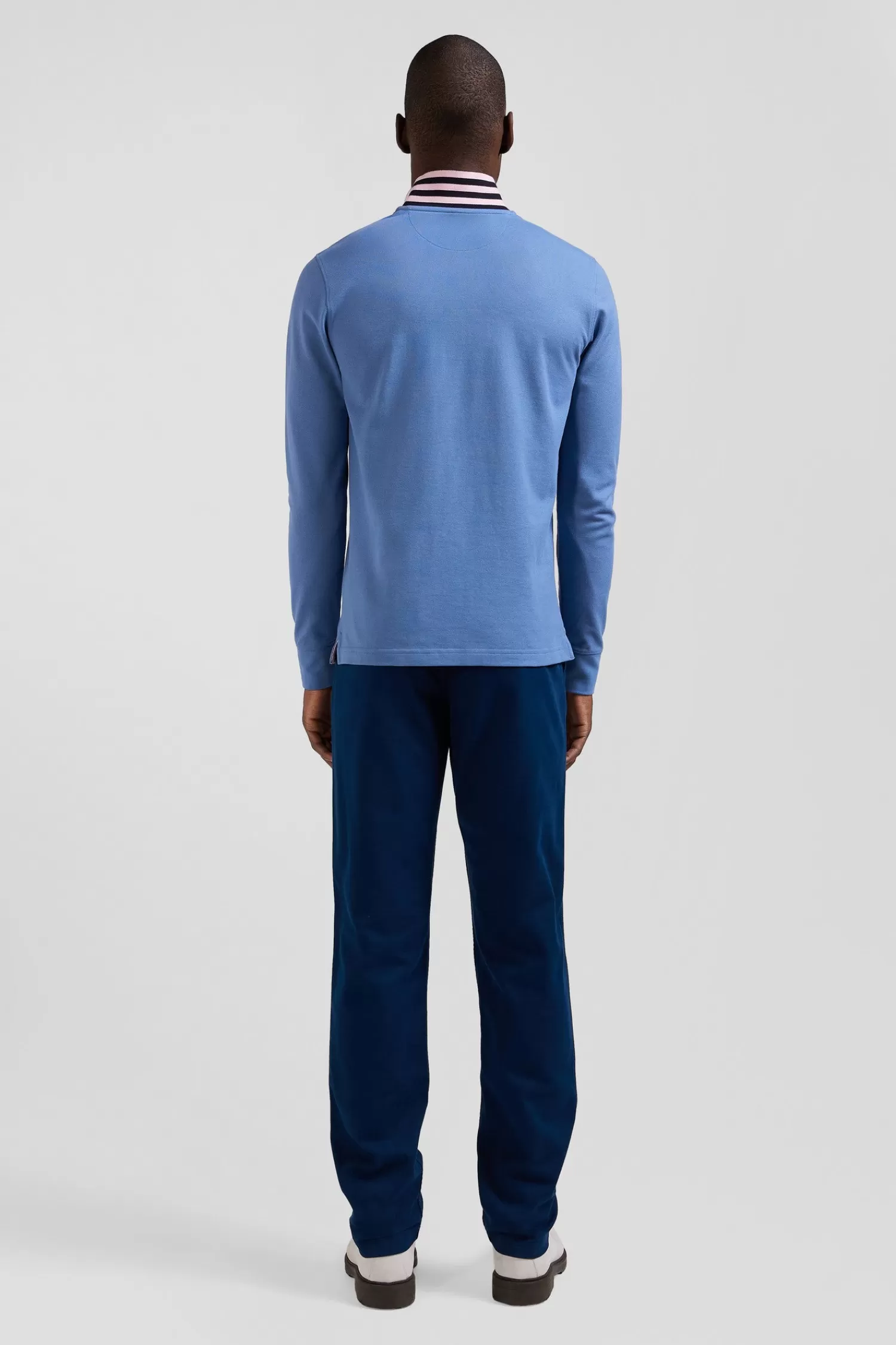 Eden Park Regular sky blue long-sleeved cotton piqué polo shirt with striped collar< Polos