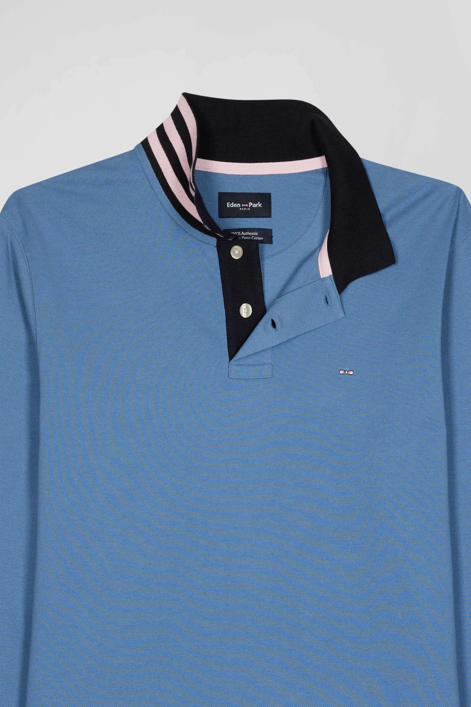 Eden Park Regular sky blue long-sleeved cotton piqué polo shirt with striped collar< Polos