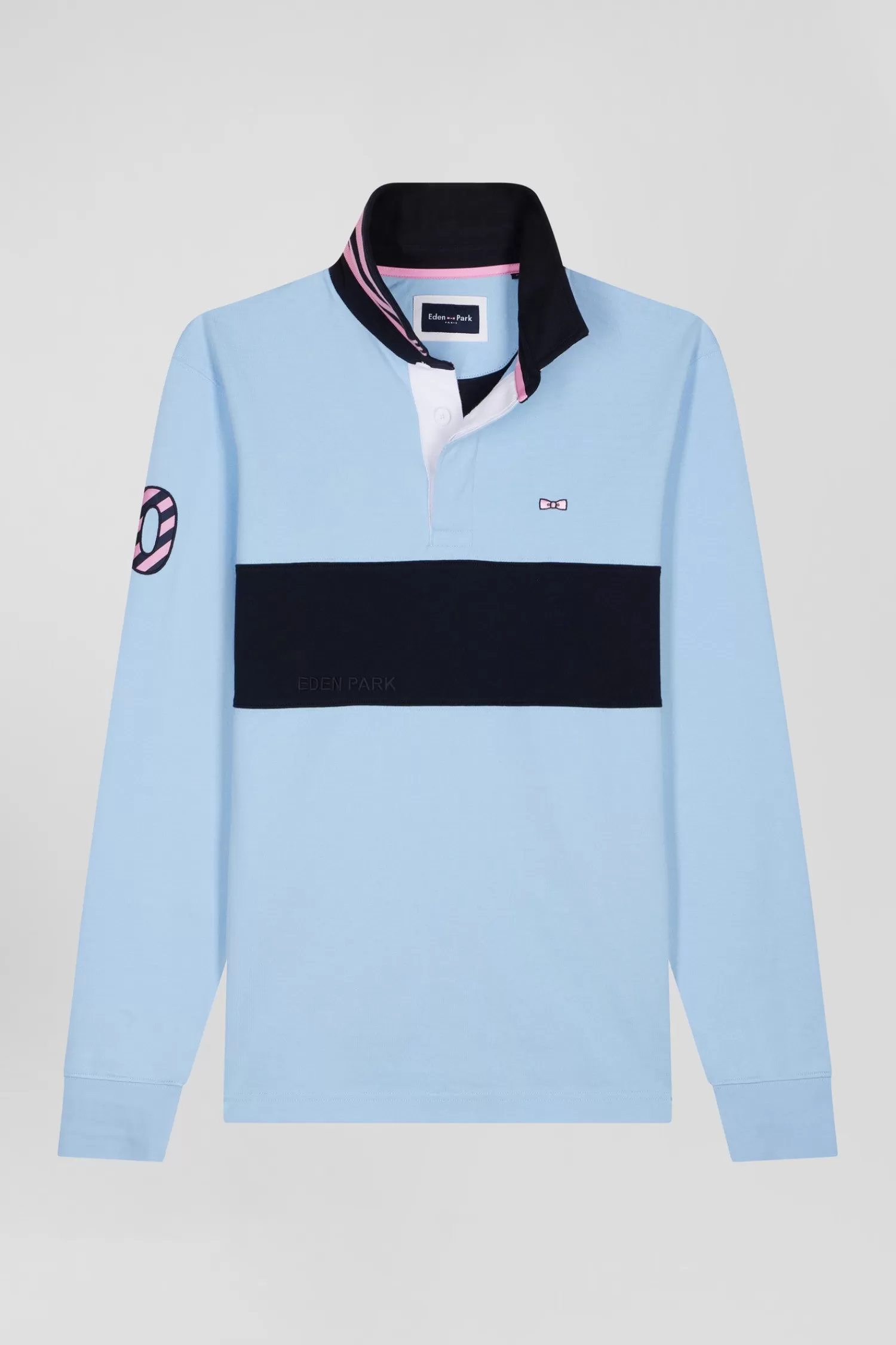 Eden Park Regular sky blue long-sleeved cotton rugby shirt with sleeve N°10 embroidery< Rugby Shirts